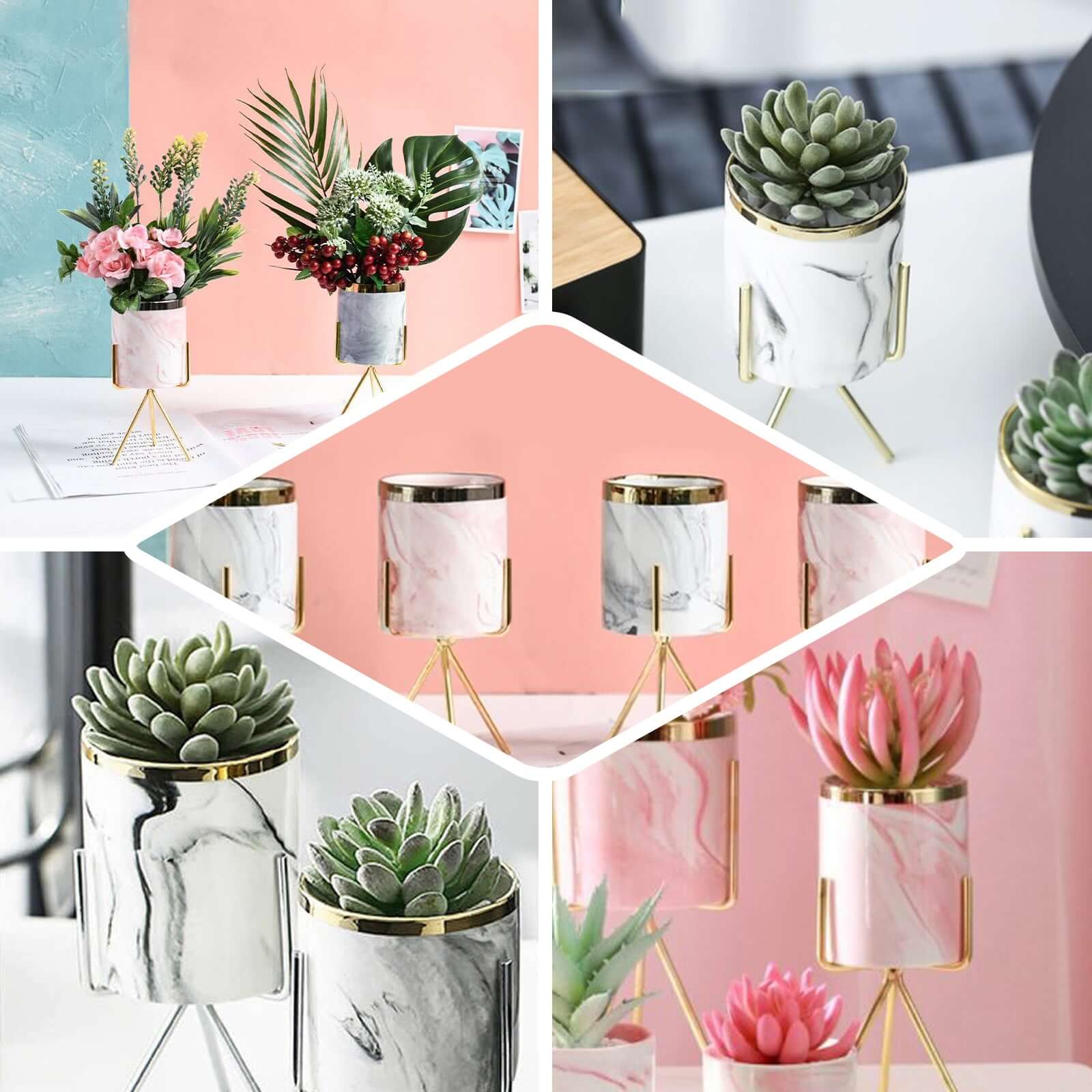 8-Inch Decorative Gold-Rimmed Pink Marble Ceramic Planter with Gold Metal Stand