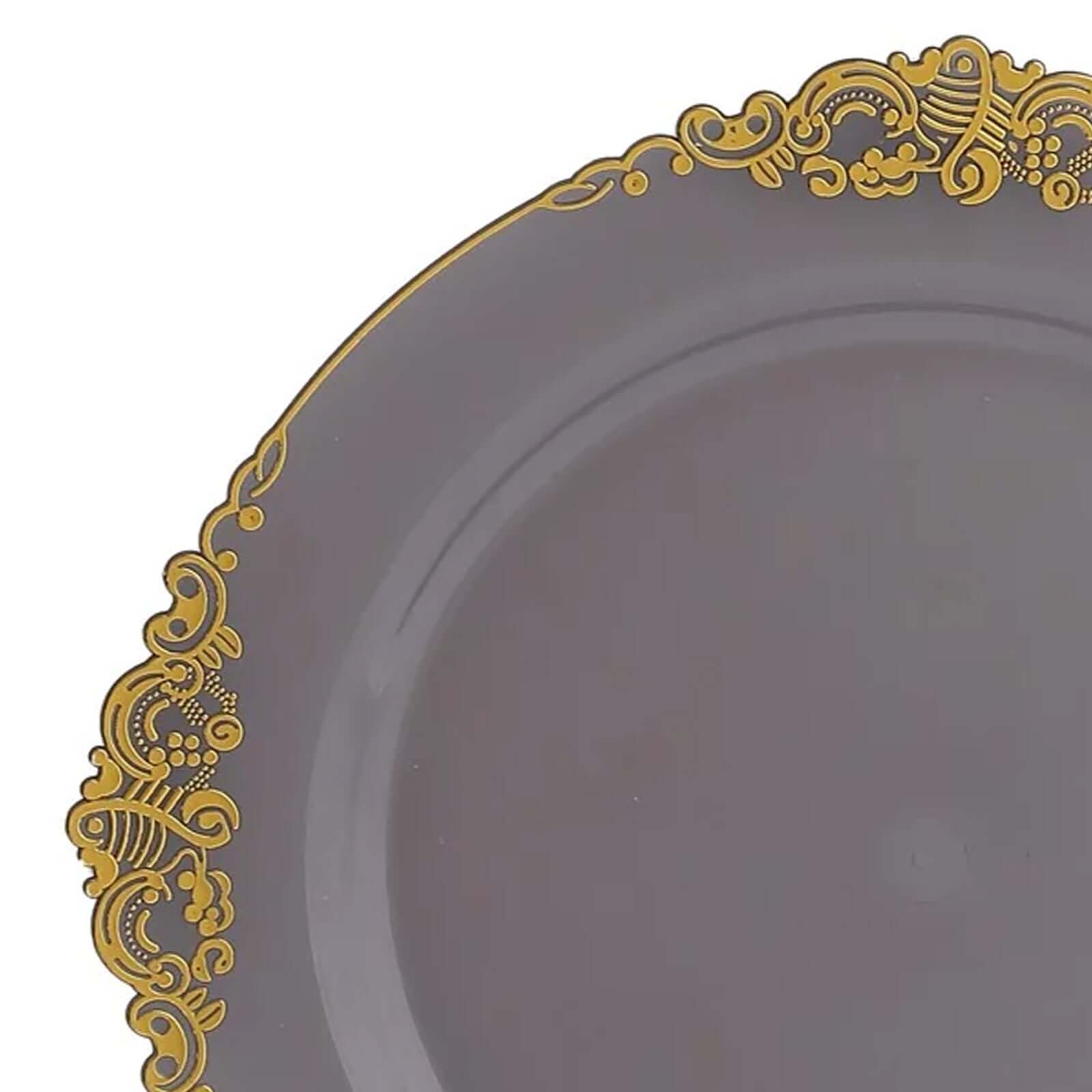 10-Pack Disposable Vintage Baroque Plastic Round Dinner Plates - Transparent Black with Gold Leaf Embossed Rim
