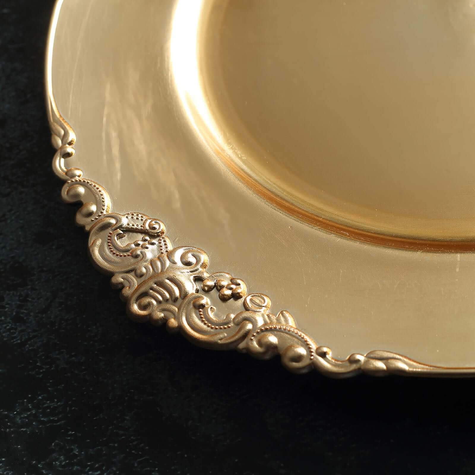 6-Pack 13-inch Gold Acrylic Round Charger Plates with Embossed Baroque Rim - Ideal for Dinner Parties