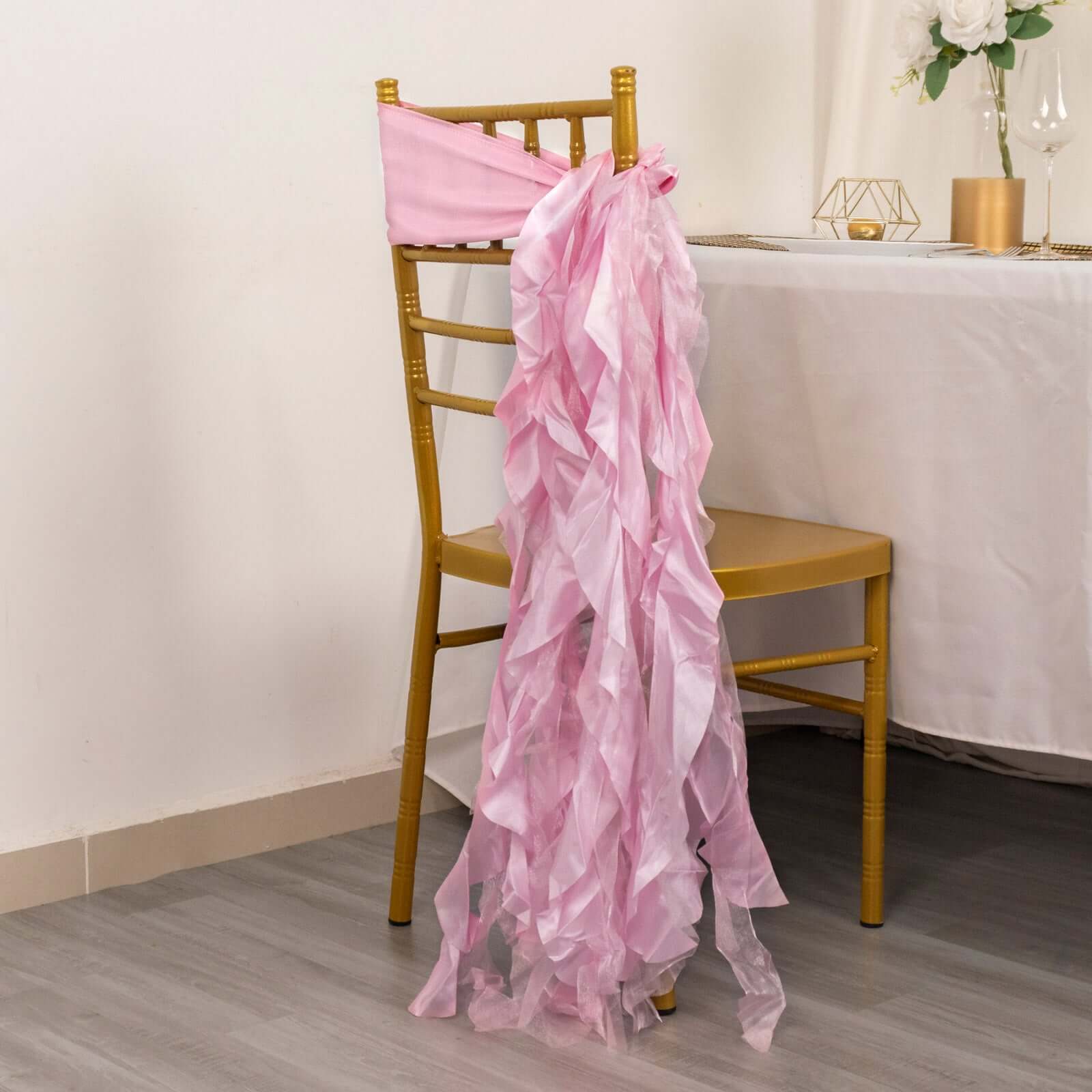 5-Piece Pink Chiffon Satin Curly Willow Chair Sashes - Effortless Installation