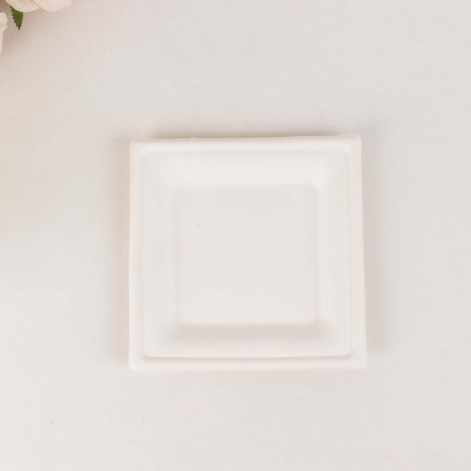 50-Pack White Biodegradable Bagasse 6" Square Dessert Plates - Ideal for Outdoor & Eco-Friendly Celebrations