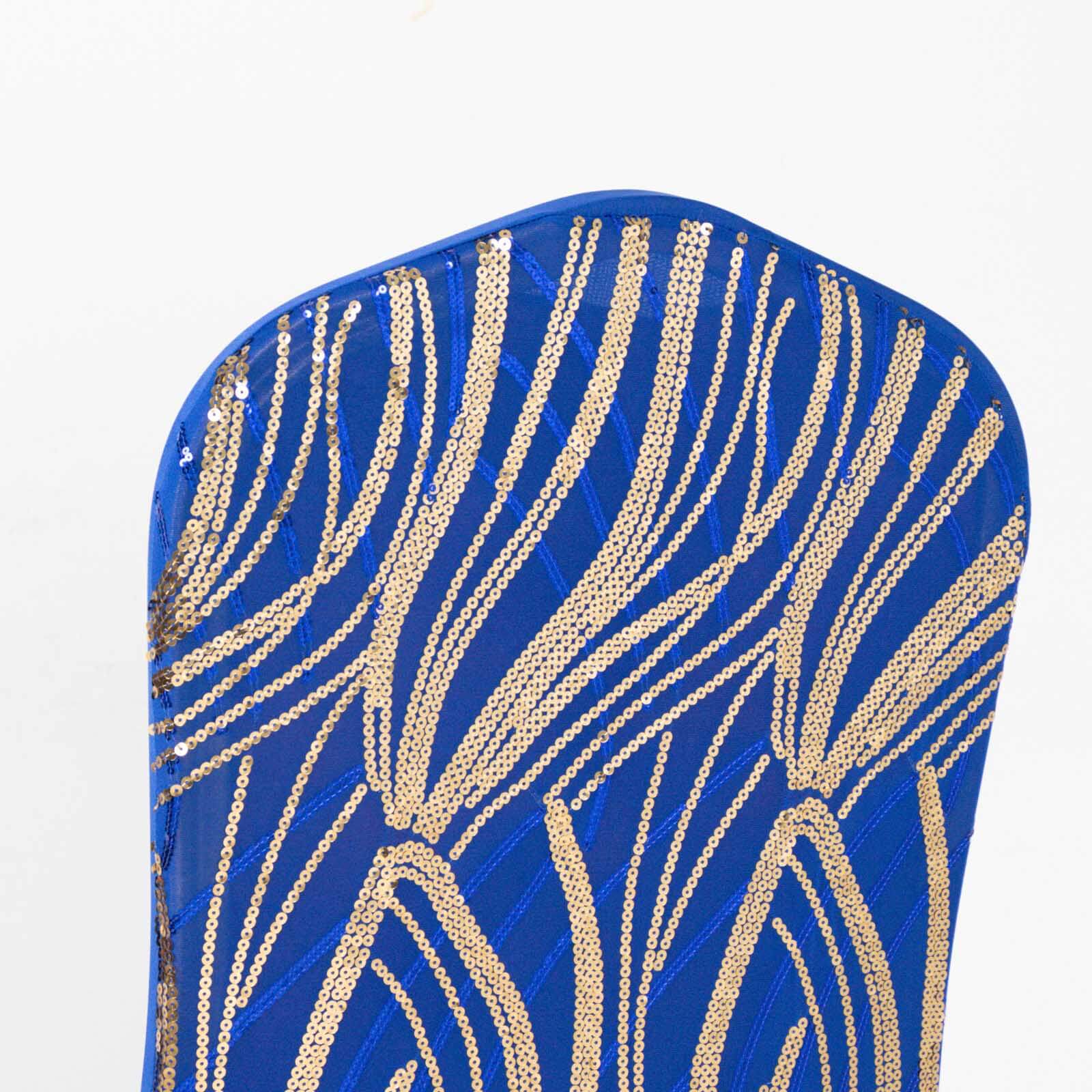 Royal Blue and Gold Spandex Banquet Chair Cover with Wave - Embroidered Glittering Sequins