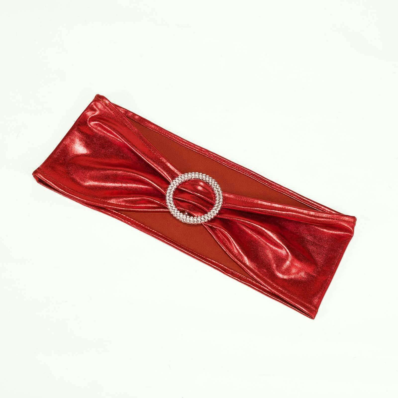 5-Pack Metallic Red Spandex Chair Sashes with Round Diamond Buckles - Stretch Fit for Parties