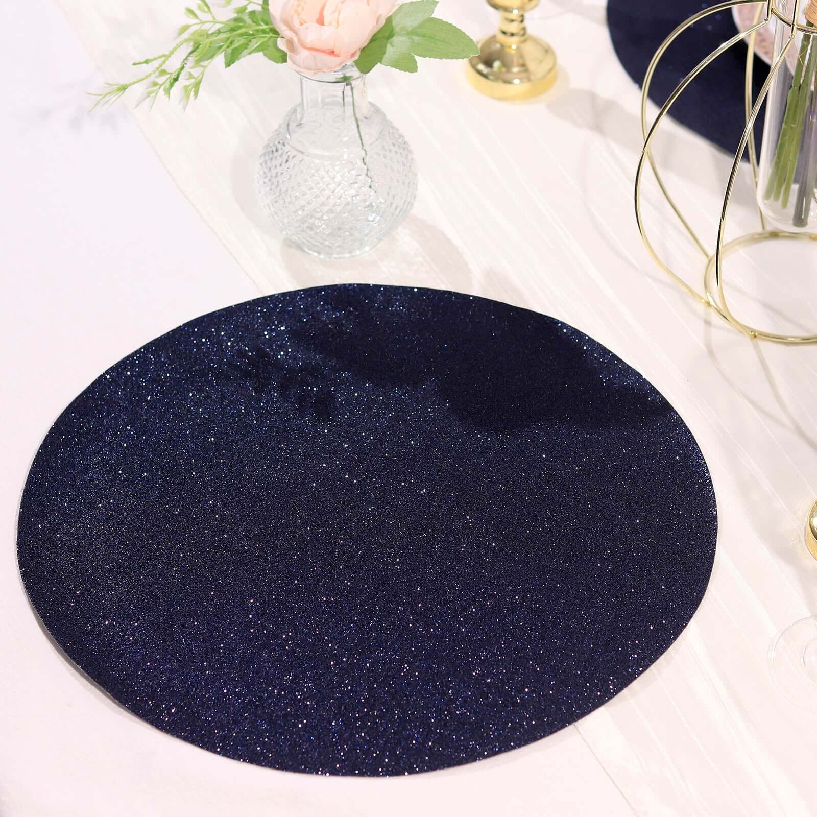 6-Piece Set of Navy Blue Glitter Round Placemats - Non-Slip and Heat-Resistant for Dining Tables