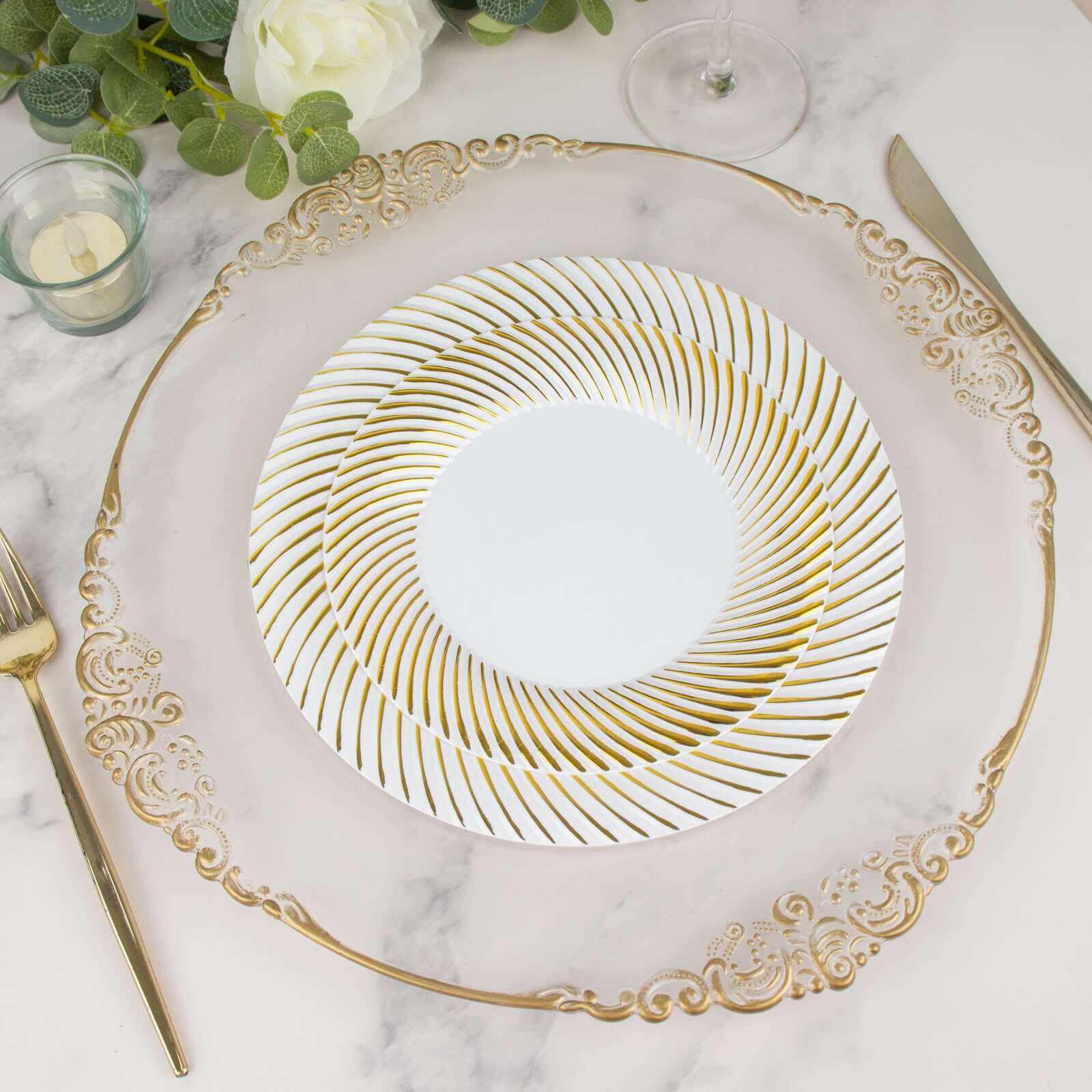 10-Pack Disposable White Dinner Plates with Gold Swirl Rim - Ideal for Parties