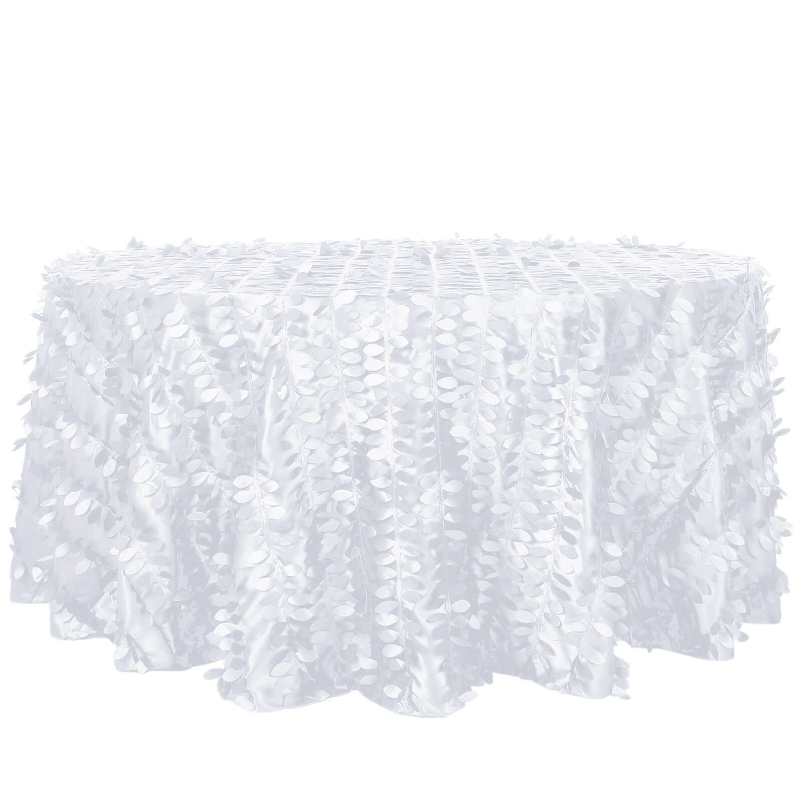 Premium White Taffeta 120 Round Tablecloth with 3D Leaf Petal Design for Weddings & Events