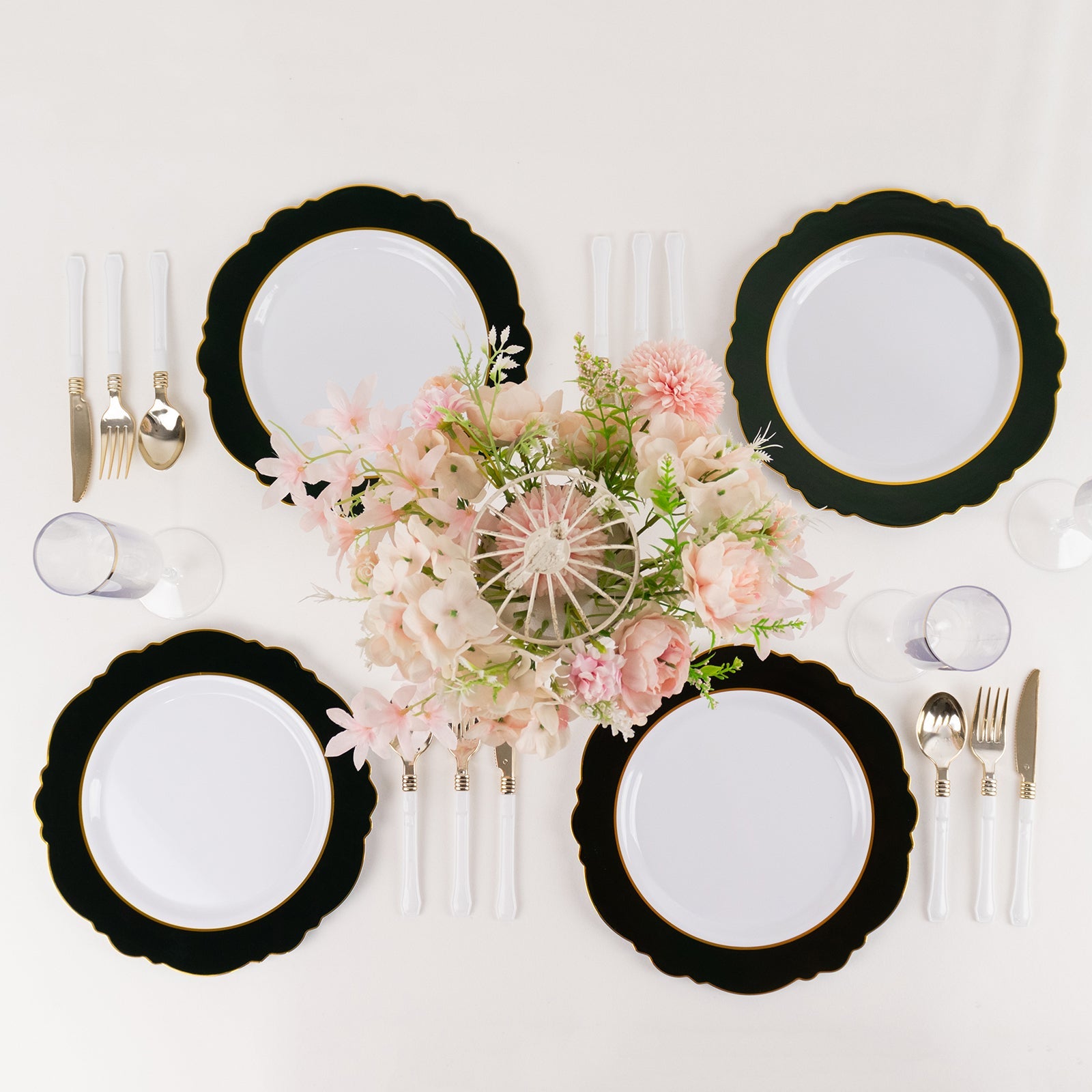 Hot Deal! 10-Pack Disposable White Plastic Dinner Plates with Hunter Emerald Green Blossom & Gold Edging