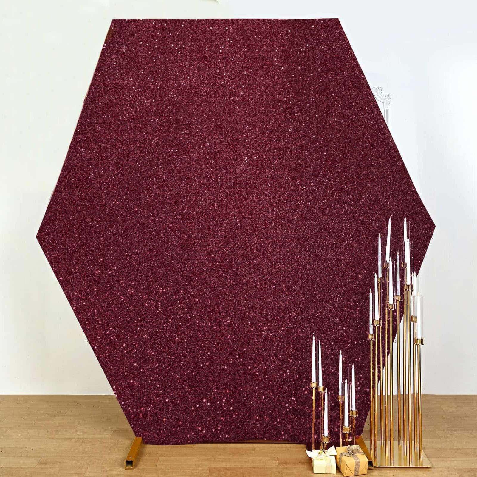 Get This 8ft x 7ft Burgundy Double - Sided Metallic Shimmer Tinsel Spandex Hexagon Wedding Arbor Cover Now!