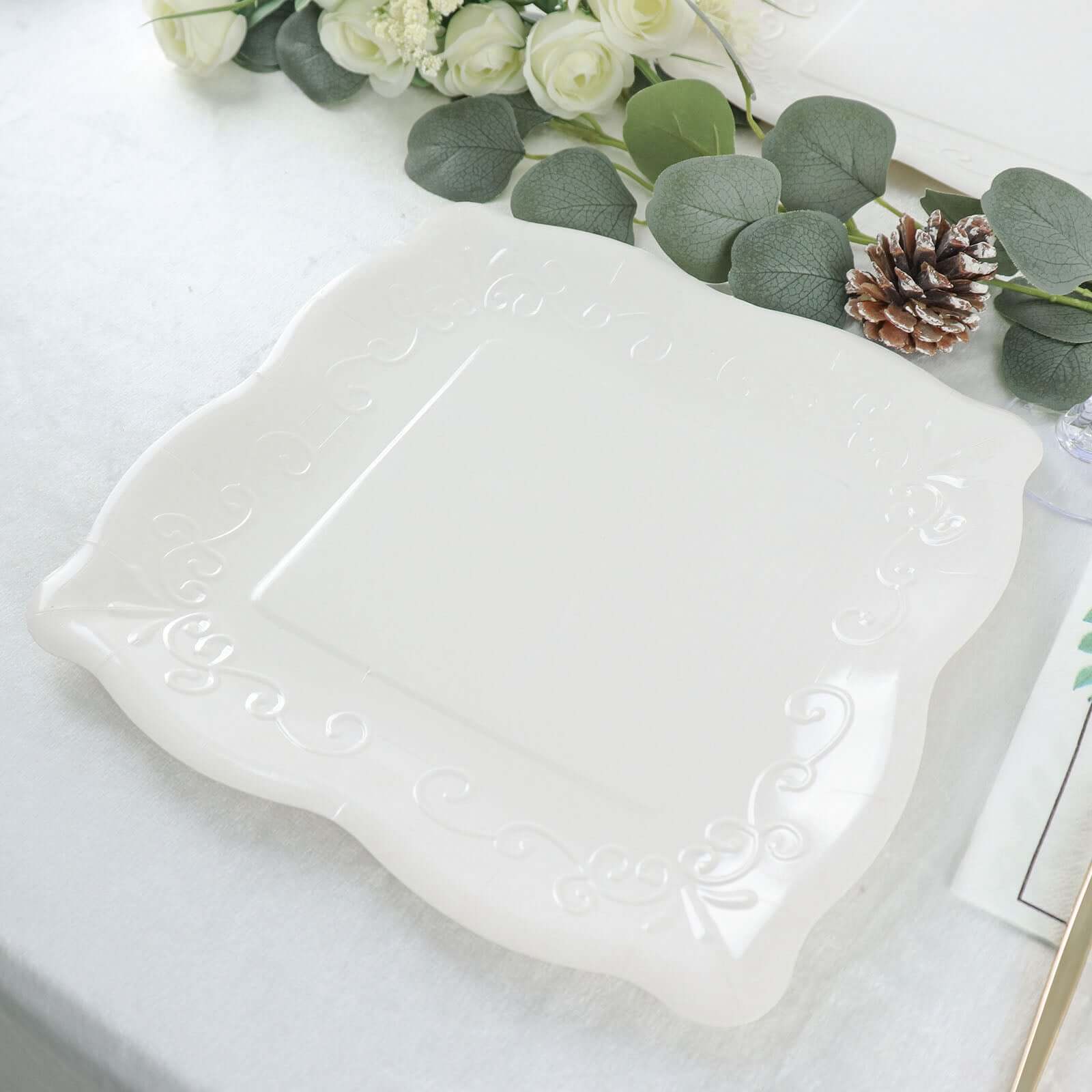 25-Pack Disposable White Square Dinner Plates with Vintage Pottery Embossed Design - Great Value!