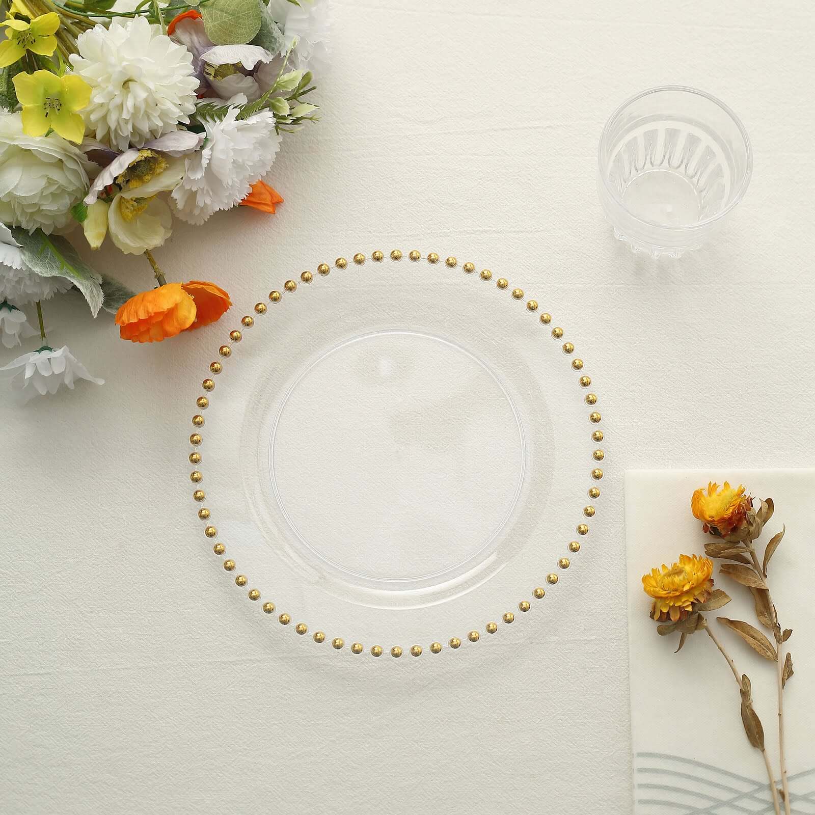 10-Piece Set of Disposable Clear Plastic Round Dessert Plates with Gold Beaded Rim for Parties & Events