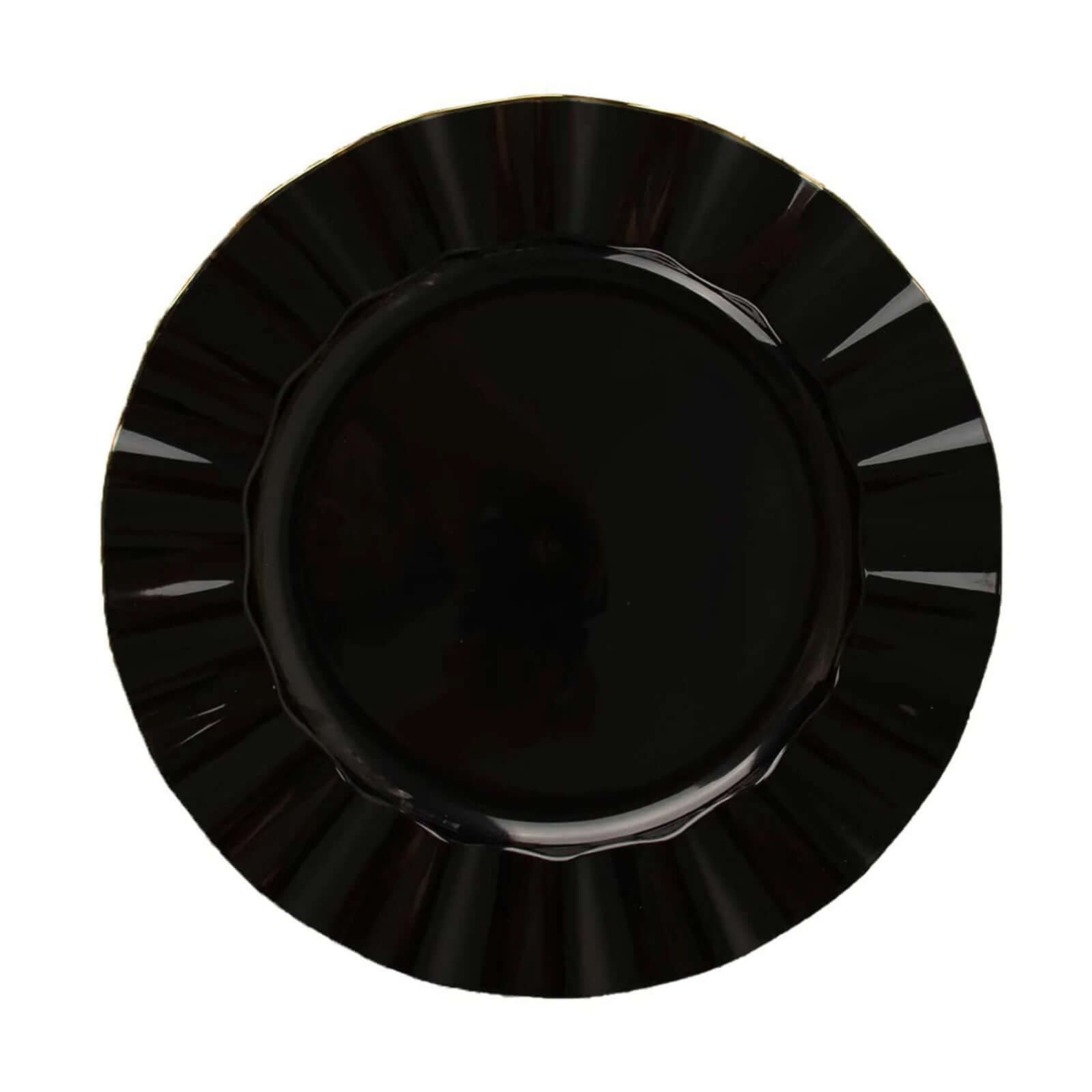 10-Piece Set of Sturdy Black Plastic Round Dinner Plates with Gold-Rimmed Ruffled Edges