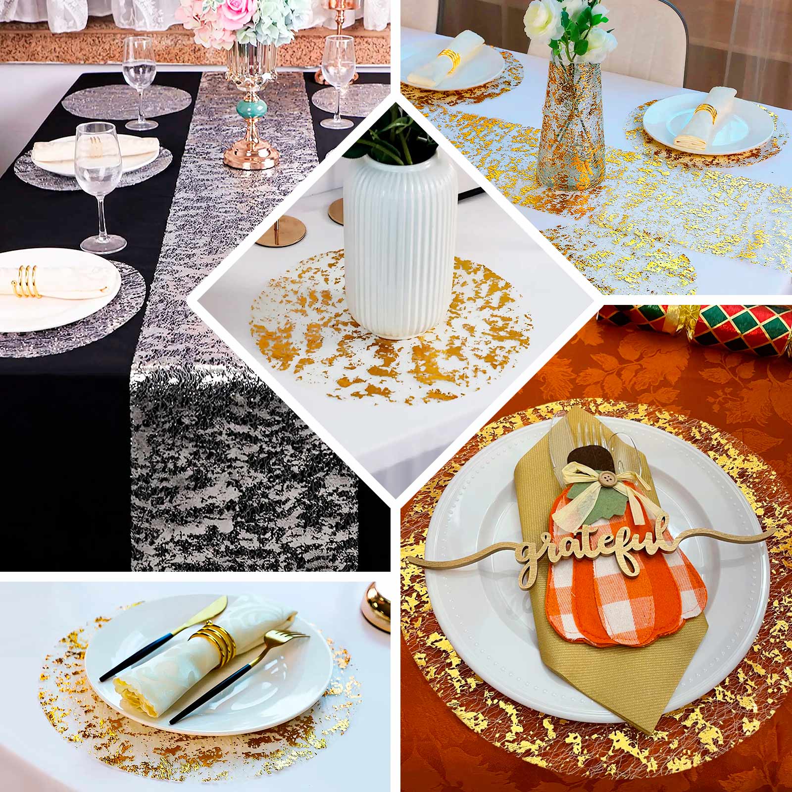 10-Piece Metallic Gold Round Foil Design Disposable Shiny Table Placemats 13 Inches