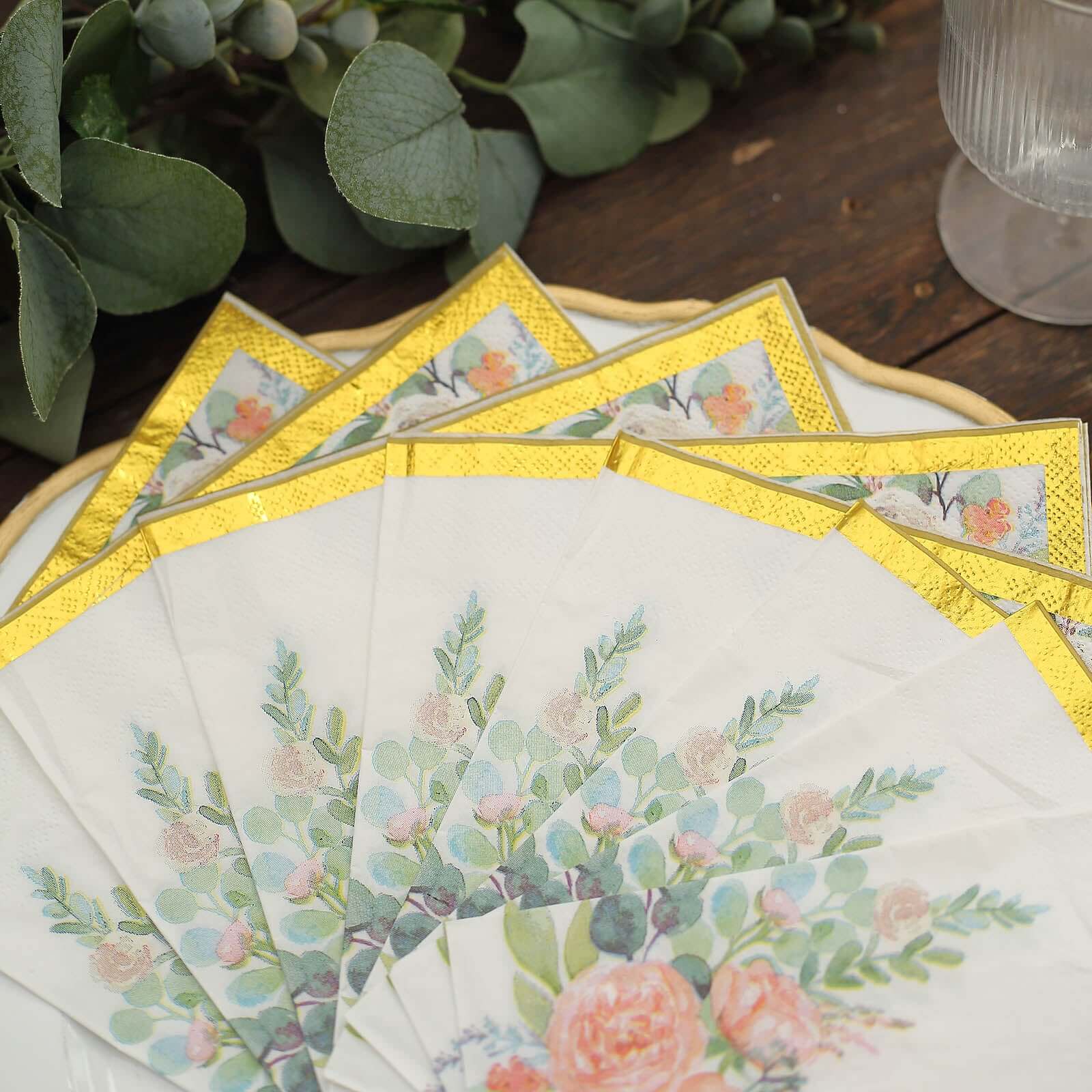 20-Pack 18GSM 2-Ply Pink Peony Floral Gold Trimmed White Paper Cocktail Napkins for Weddings - Hot Sale