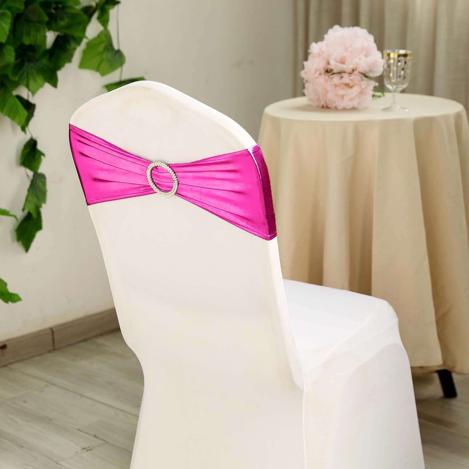 Hot Deal! 5-Piece Set of Fuchsia Metallic Spandex Chair Sashes with Round Diamond Plastic Buckles