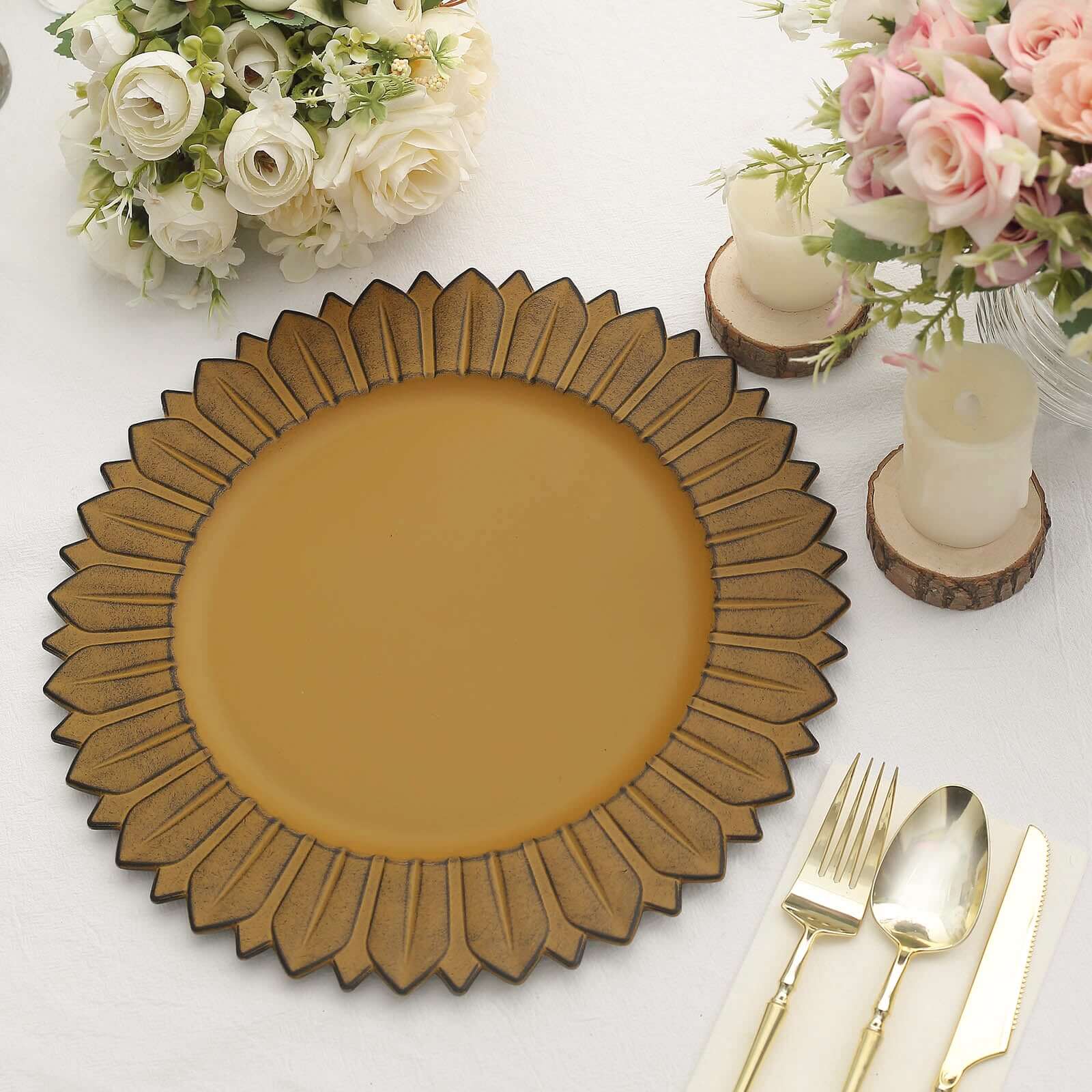 6-Piece Set of 13-Inch Matte Mustard Yellow Plastic Round Charger Plates with Sunflower Rim