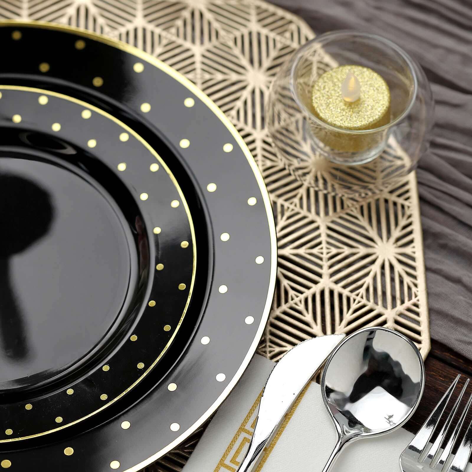 10-Piece Set of 7.5-Inch Black Plastic Dessert Plates with Gold Dot Rim, Disposable Salad Plates
