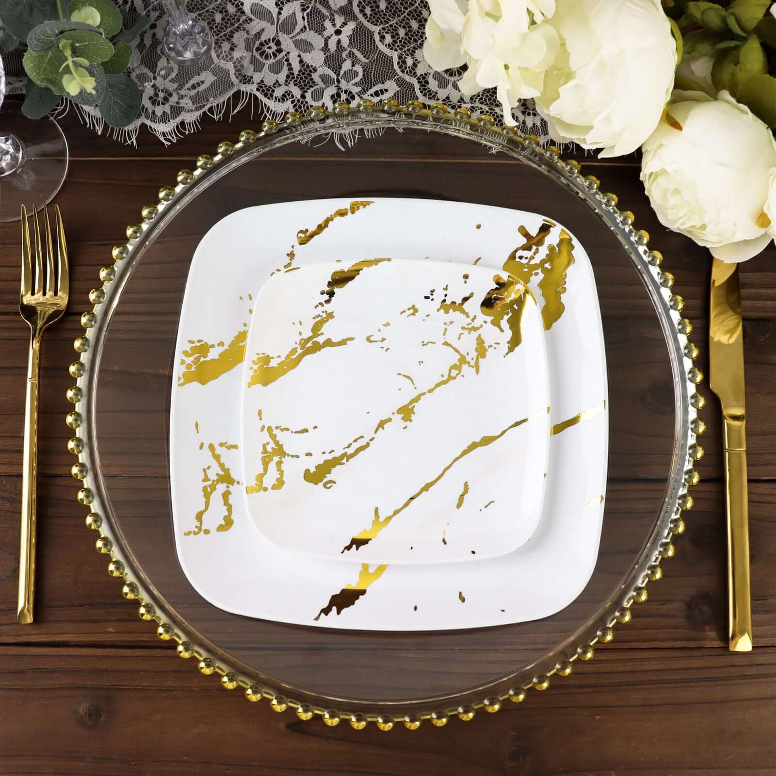 10-Piece Set of White Plastic Square Dessert Plates with Gold Marble Design - Ideal for Weddings and Special Events