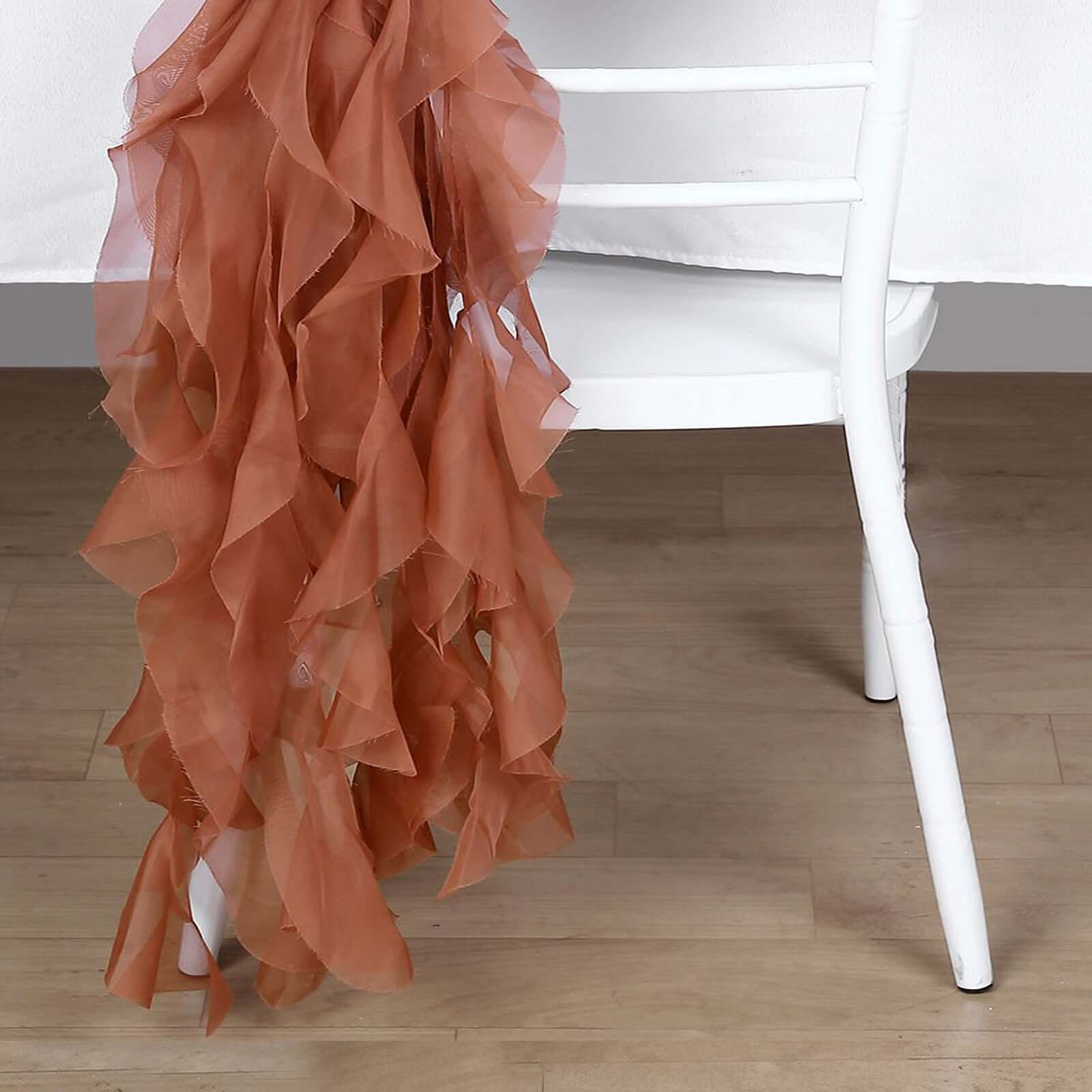 Stylish Terracotta (Rust) Chiffon Chair Sashes Set with Willow Ruffles Design