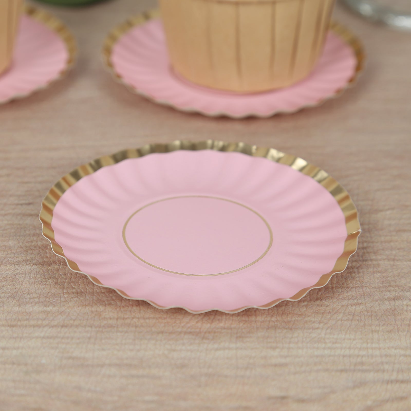 Hot Deal! 50-Pack Disposable Mini Round Blush Party Plates with Gold Scalloped Rim for Desserts