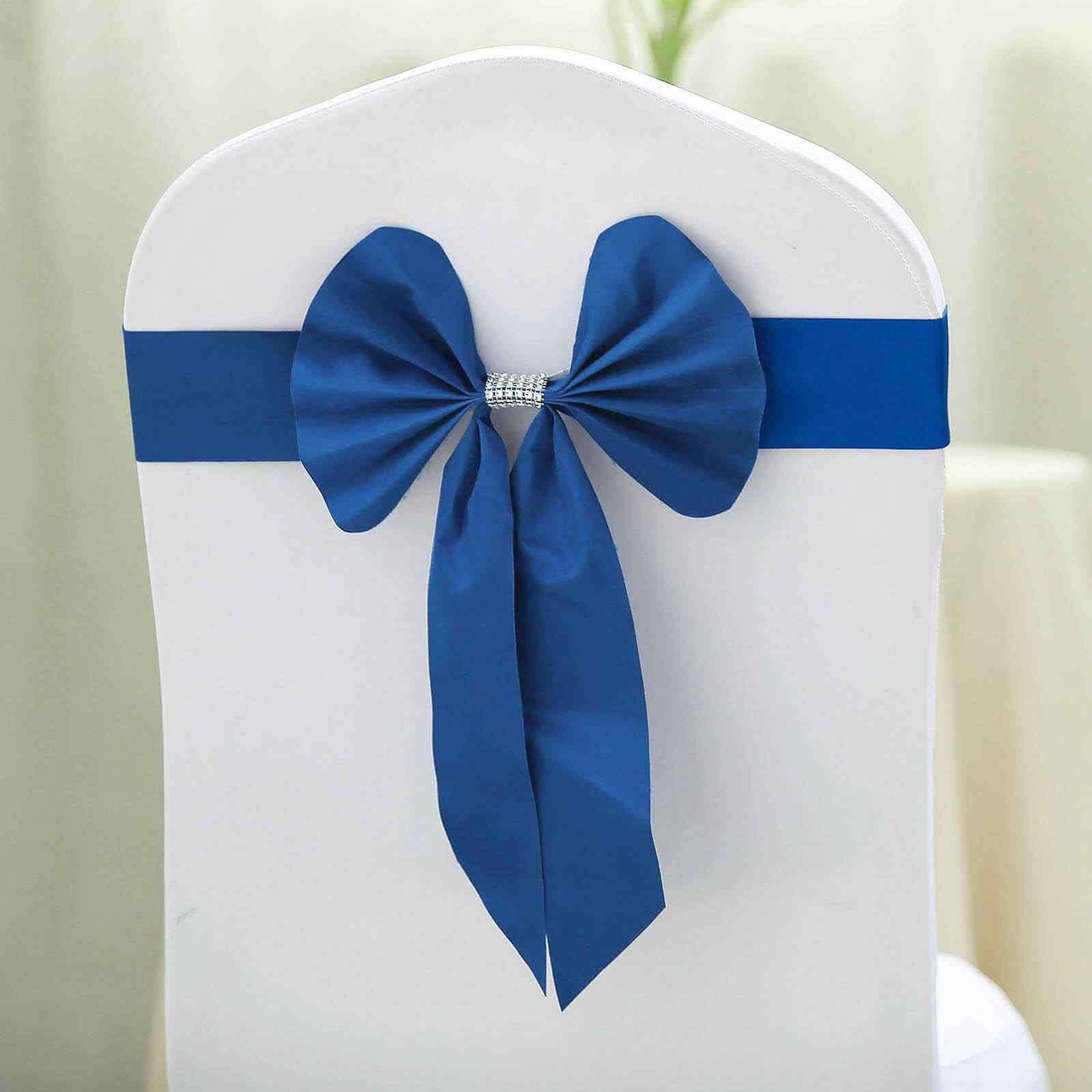 Hot Deal! 5-Pack Royal Blue Satin Faux Leather Chair Sashes with Diamond Rhinestone Buckles