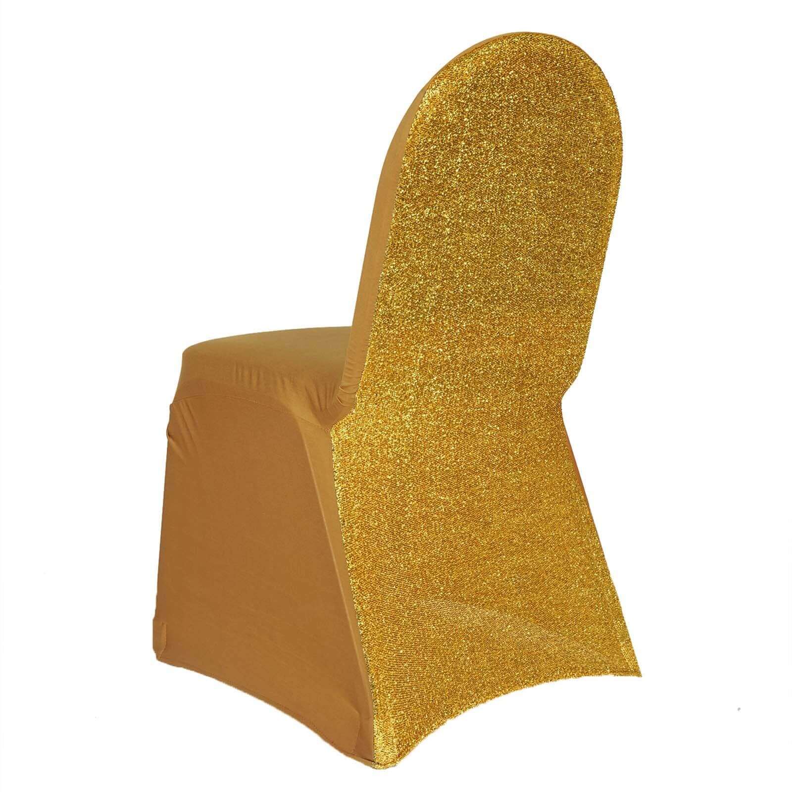Luxe Gold Spandex Chair Cover with Metallic Shimmer Tinsel Back for Weddings & Parties