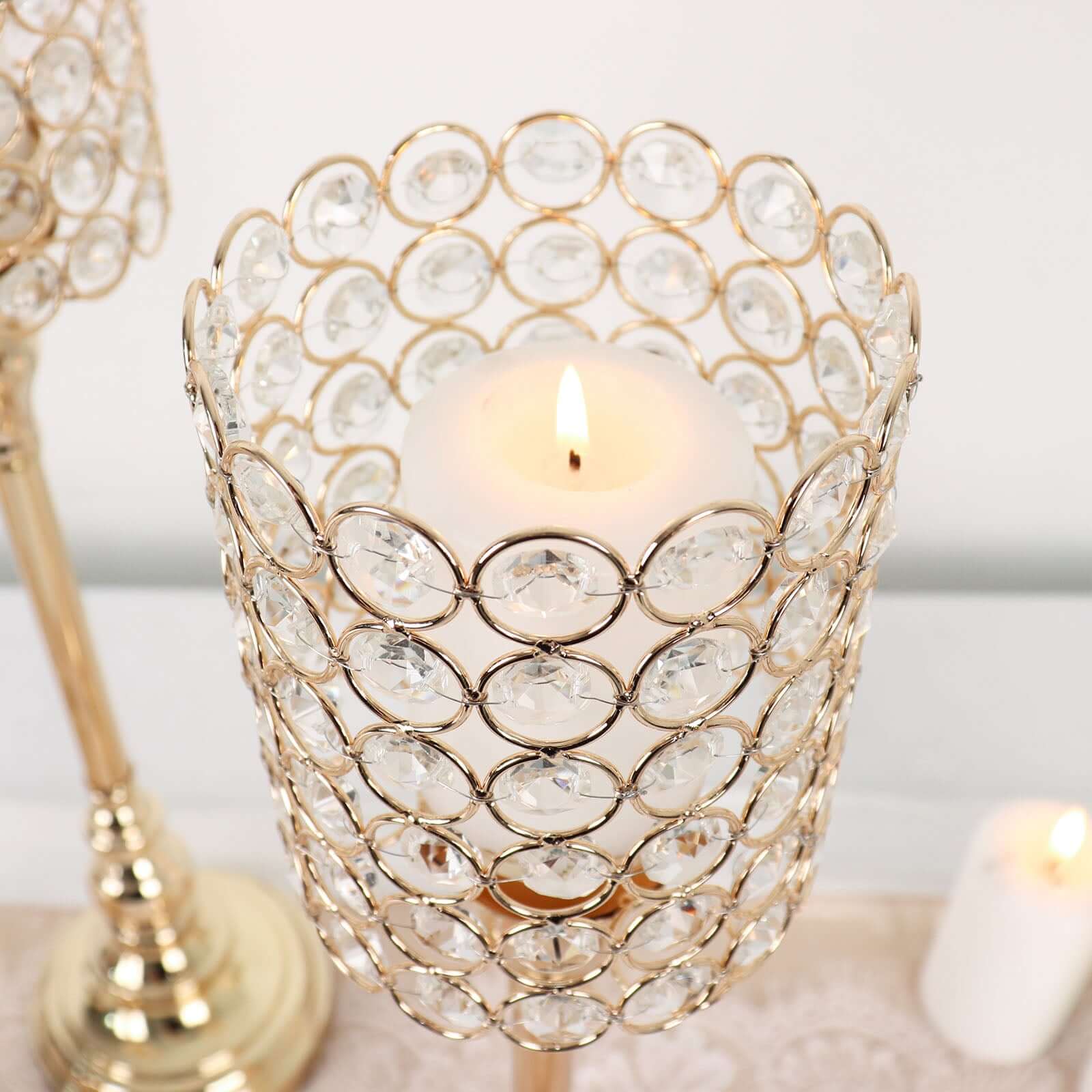 Hot Sale! Set of 3 Gold Crystal Beaded Cylinder Votive Candle Holder Stands for Events