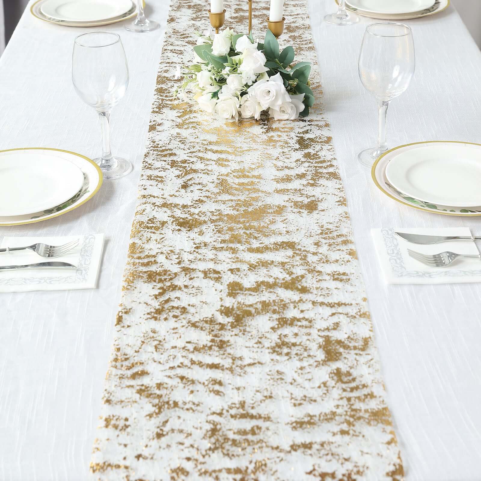 Hot! Disposable Metallic Gold Polyester Table Runner Roll with Distressed Foil Printing for Party Decor