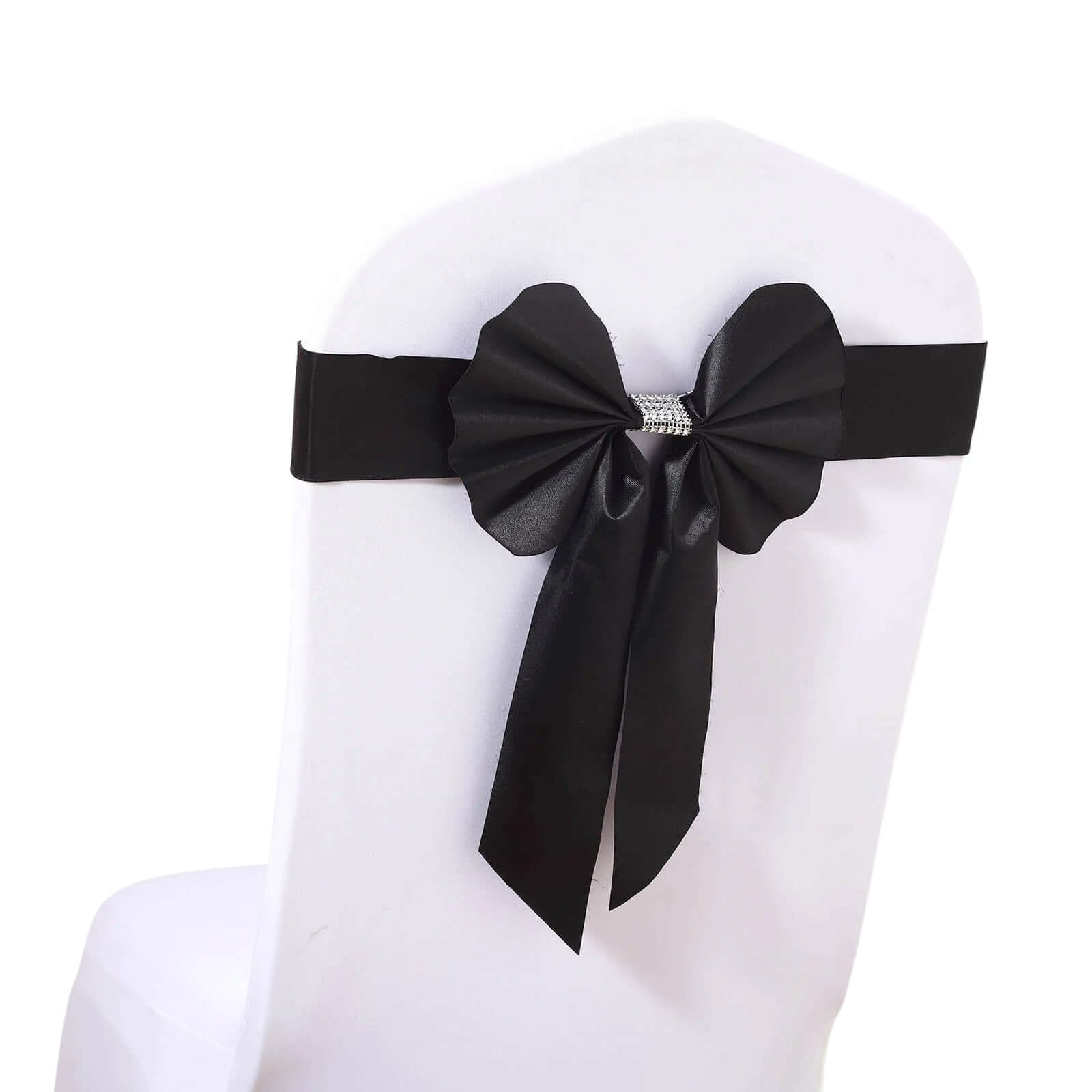 5-Pack Black Satin Faux Leather Chair Sashes with Diamond Rhinestone Buckles - Luxurious Party Decor