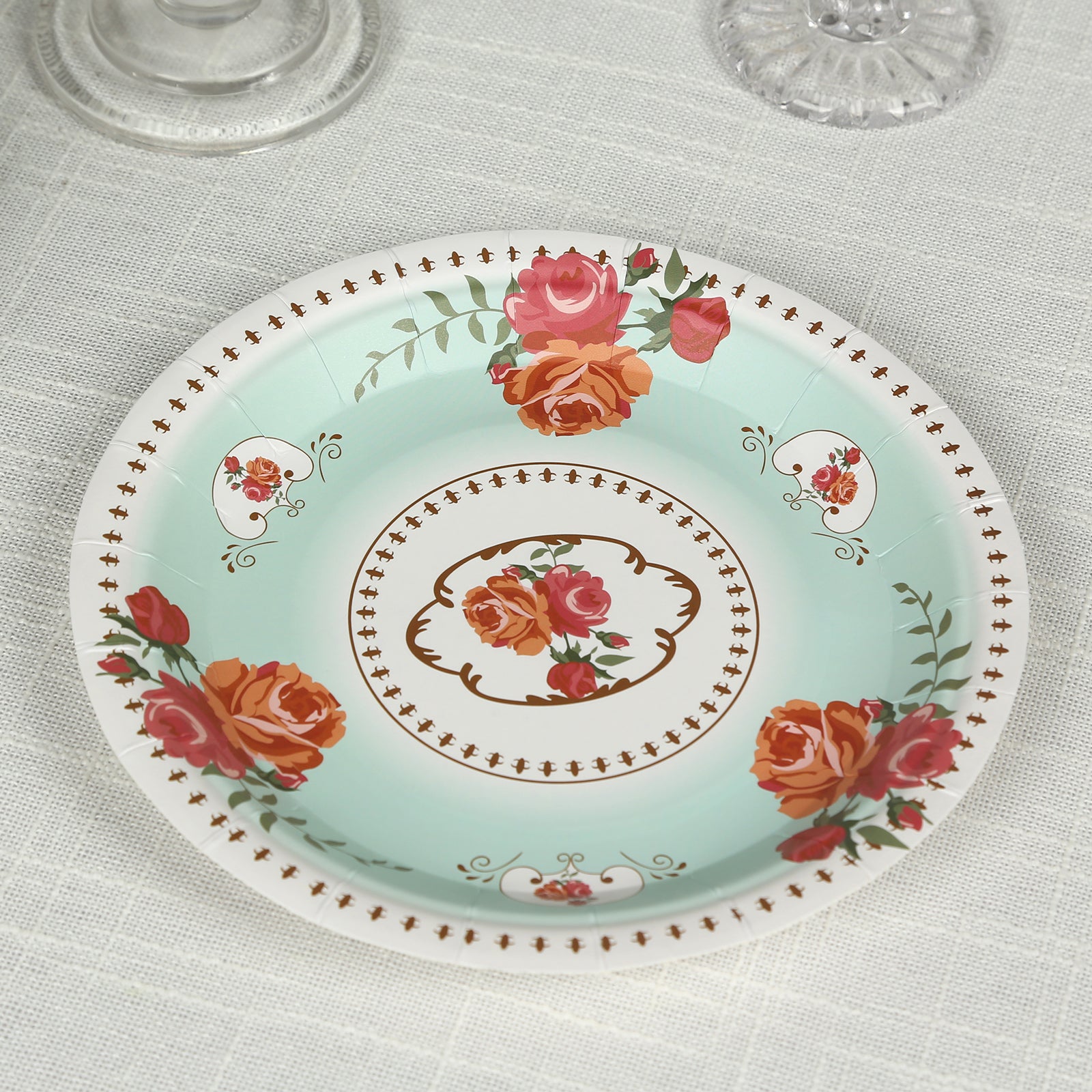 25-Pack 7-Inch Turquoise Vintage Rose Print Disposable Dessert Plates - Ideal for Events