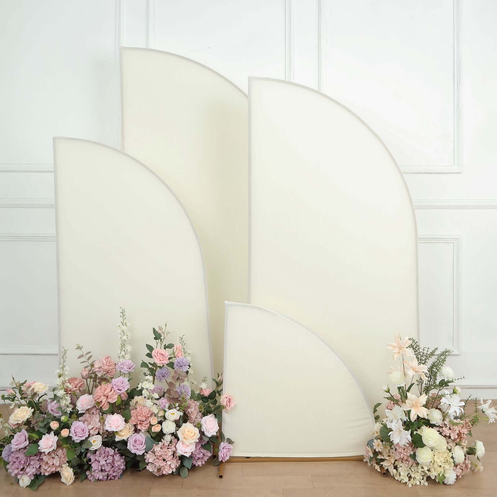 Get 4-Piece Matte Ivory Spandex Half Moon Wedding Arch Covers - Sizes 2.5ft - 7ft