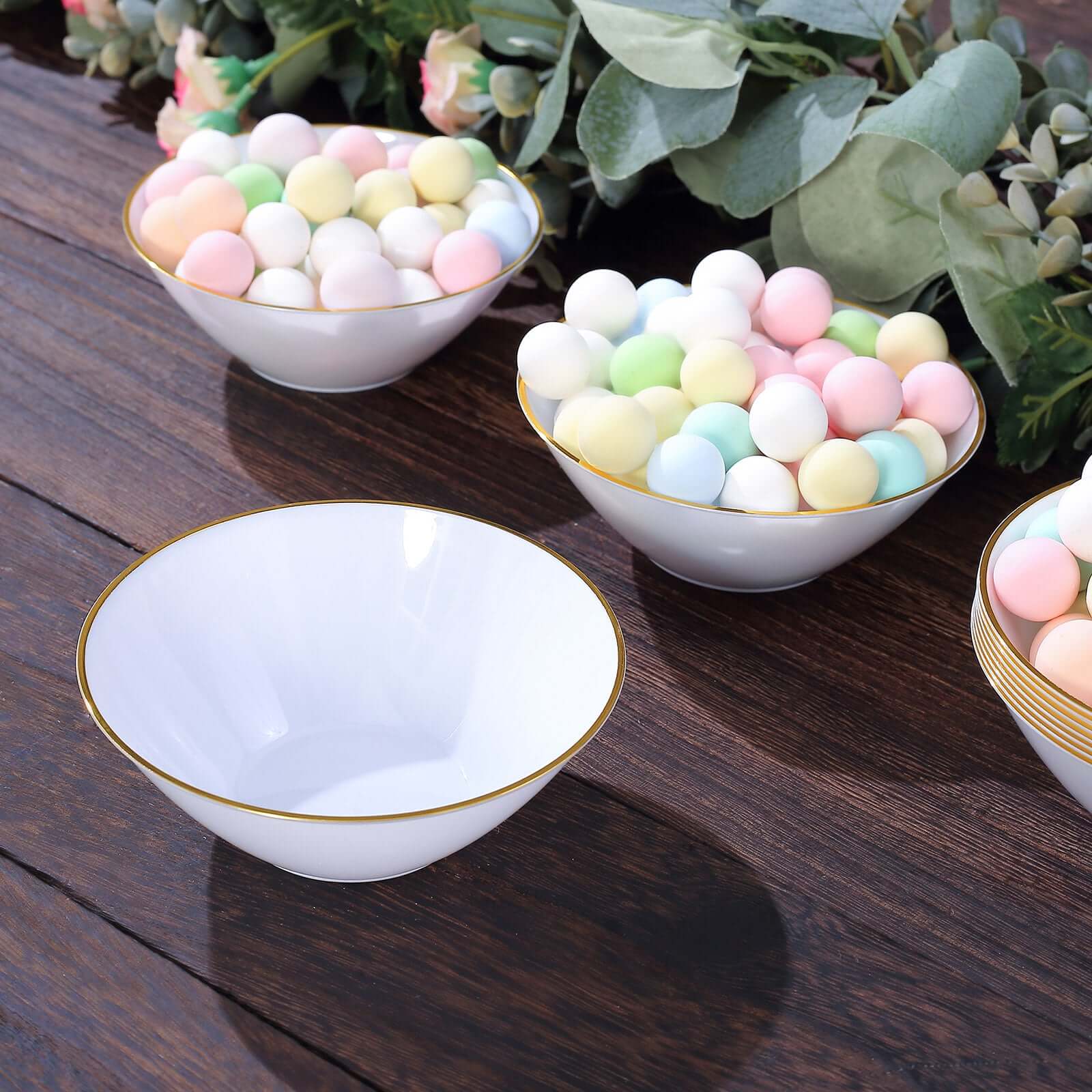 24-Pack 7oz Premium Heavy Duty Plastic Ice Cream Bowls - Glossy White with Gold Rim, Ideal for Events