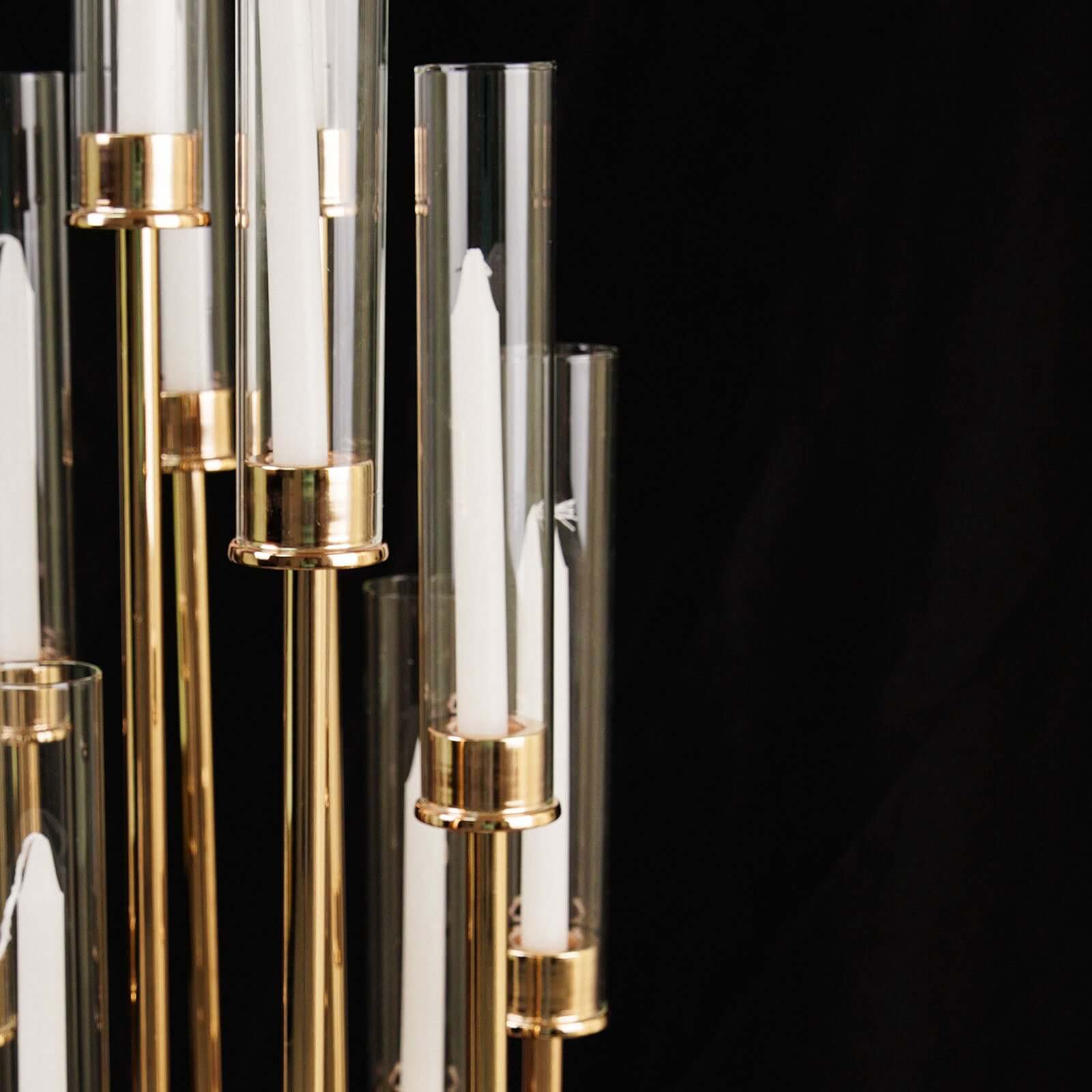 Stylish 10-Arm Gold Cluster Taper Candle Holder with Clear Glass Shades for Gatherings