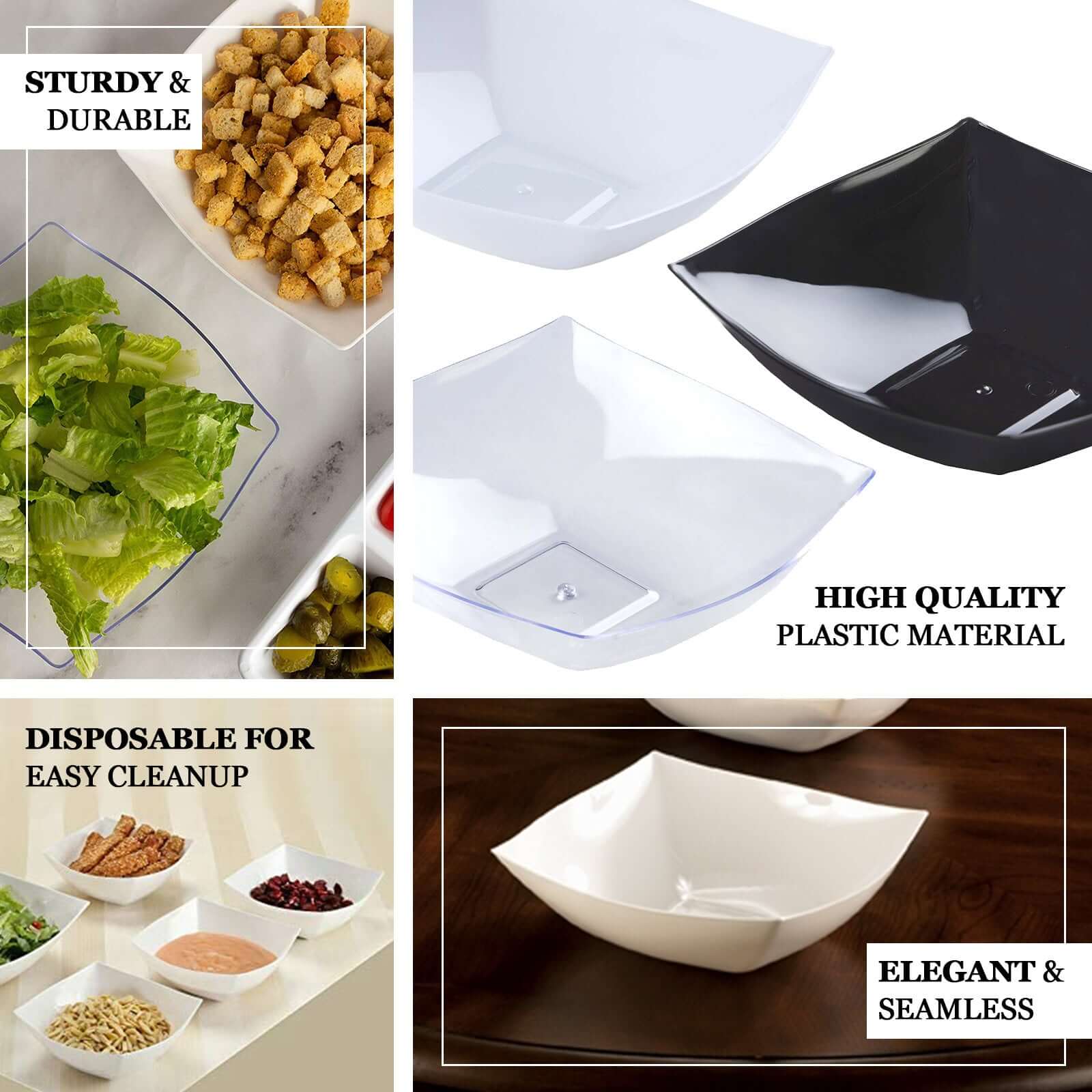 4-Pack White Square Lightweight Medium Disposable 32oz Plastic Serving Bowls for Events