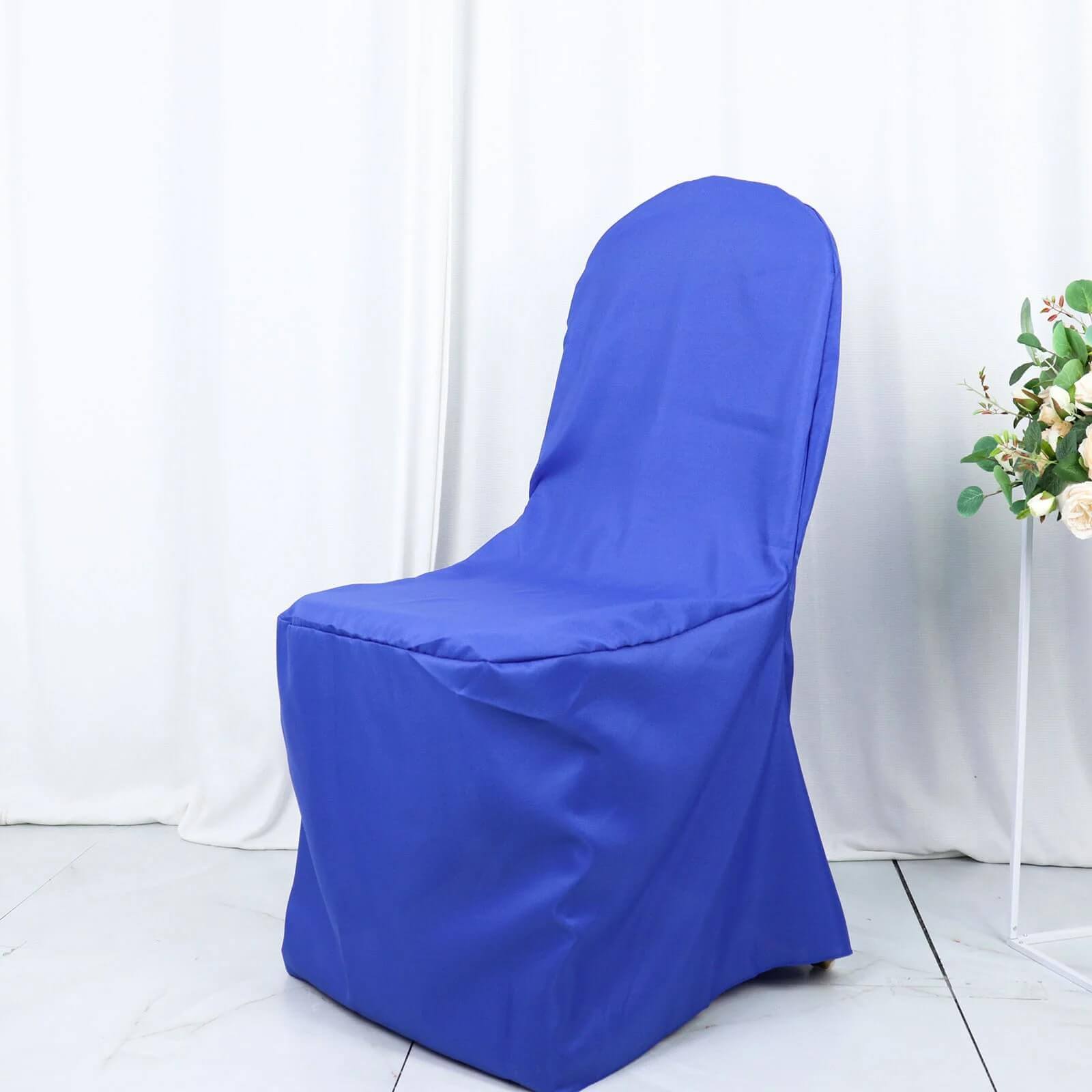 10-Pack Royal Blue Polyester Slip-On Chair Covers for Banquets - Stain & Wrinkle Resistant