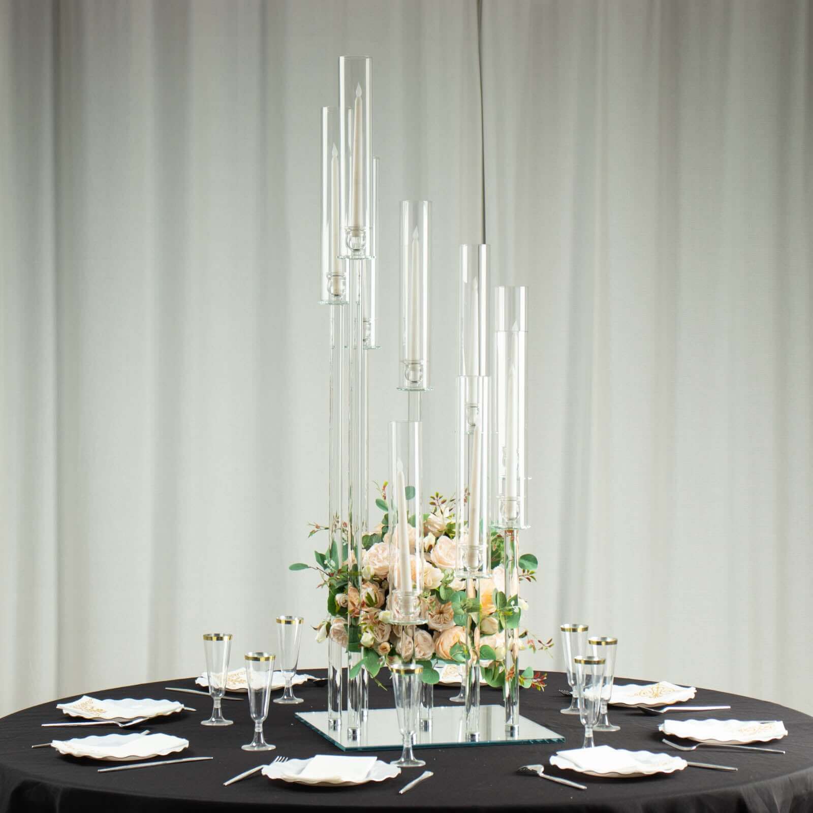 4ft Crystal Glass 9-Pillar Candelabra with Center Flower Stand - Ideal Table Centerpiece