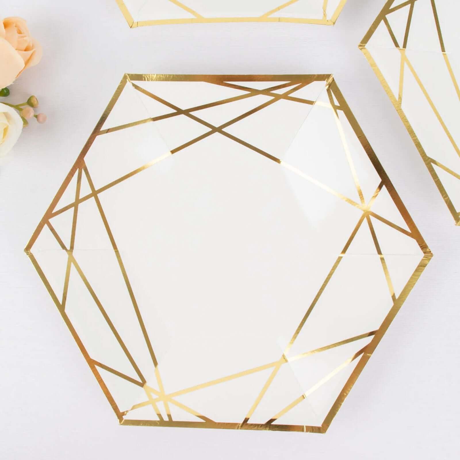 25-Pack White & Gold Geometric Hexagon Disposable Paper Appetizer and Salad Plates for Events