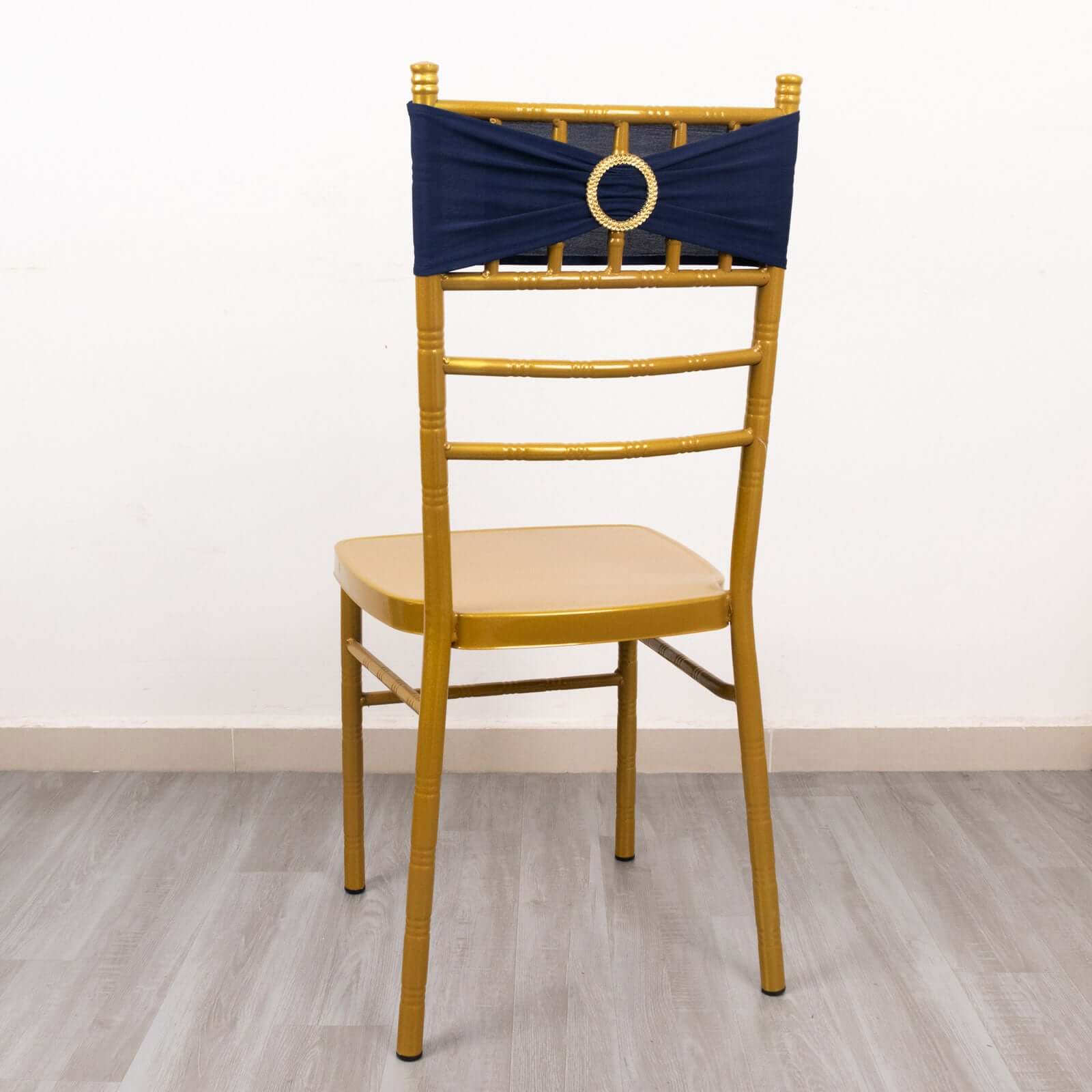 5-Piece Set of Navy Blue Spandex Chair Sashes with Gold Rhinestone Buckles - Reusable 4-Way Stretch Bands