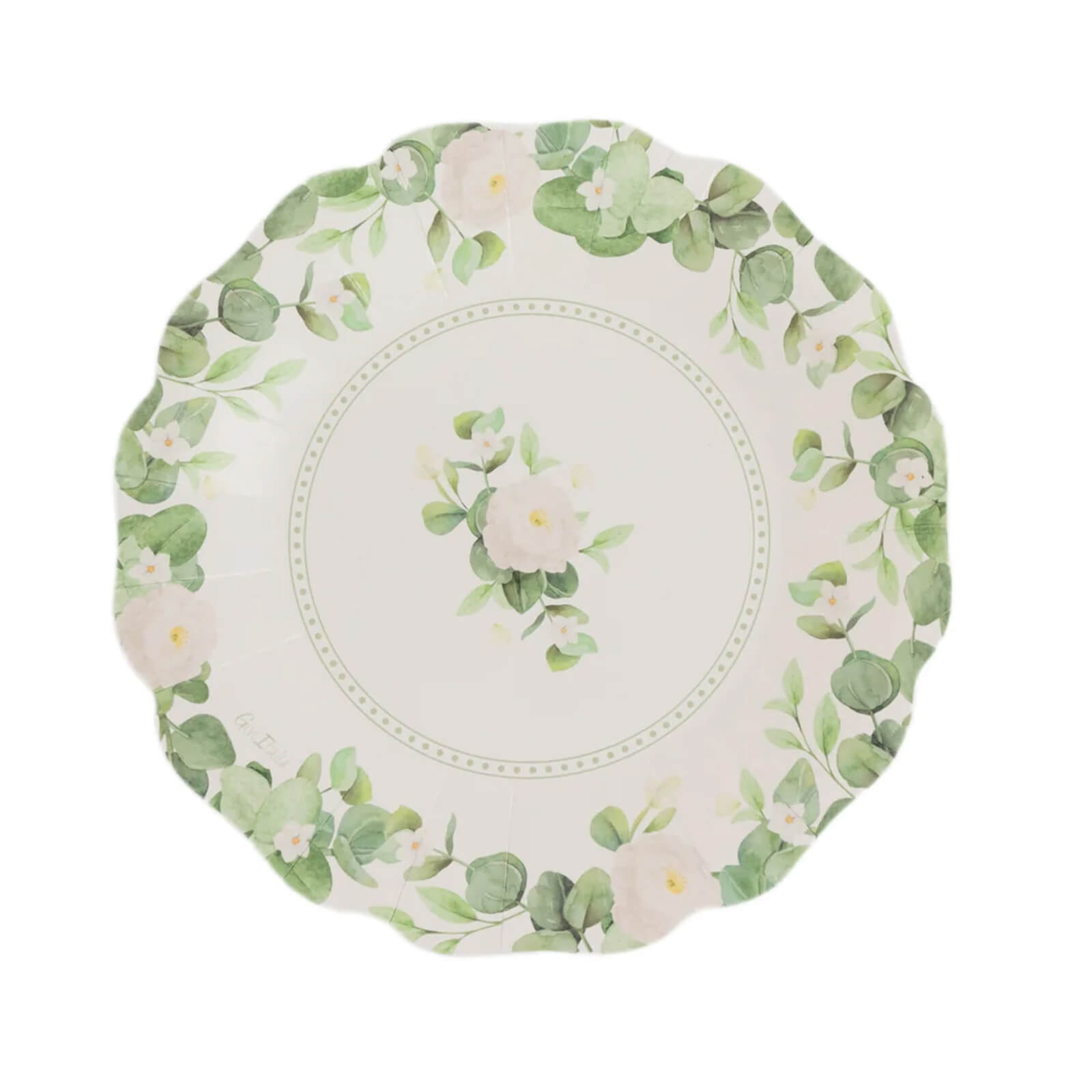 25-Pack Disposable 8-Inch White Floral Greenery Scalloped Edge Paper Dessert Plates - Ideal for Rustic Weddings & Garden Brunches