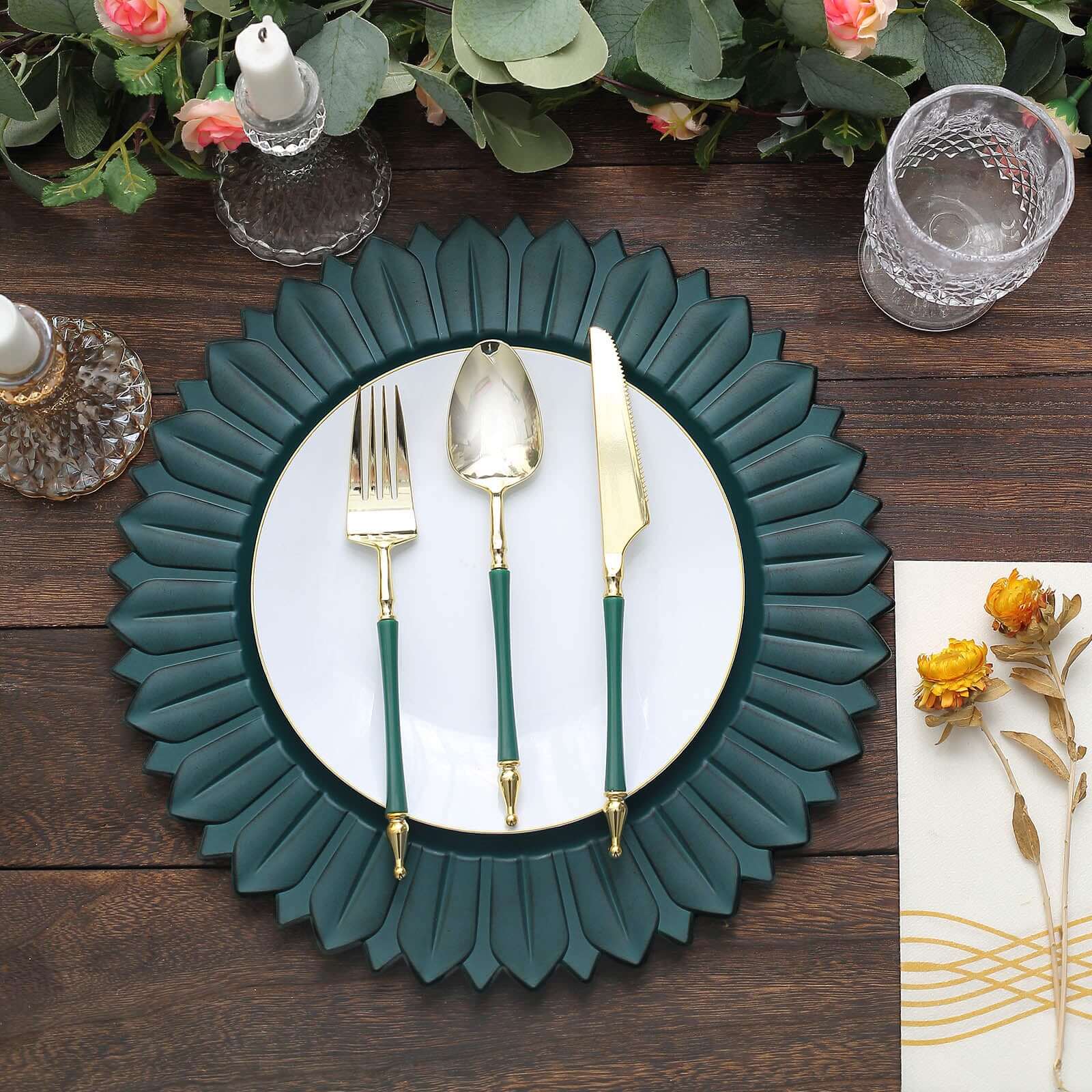 6-Piece Set of 13-Inch Matte Teal Plastic Round Charger Plates with Sunflower Rim
