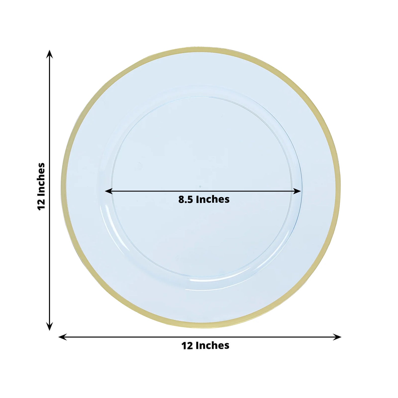 Economy 10-Pack 12-Inch Transparent Dusty Blue Round Plastic Charger Plates with Wide Gold Rim for Party Serving