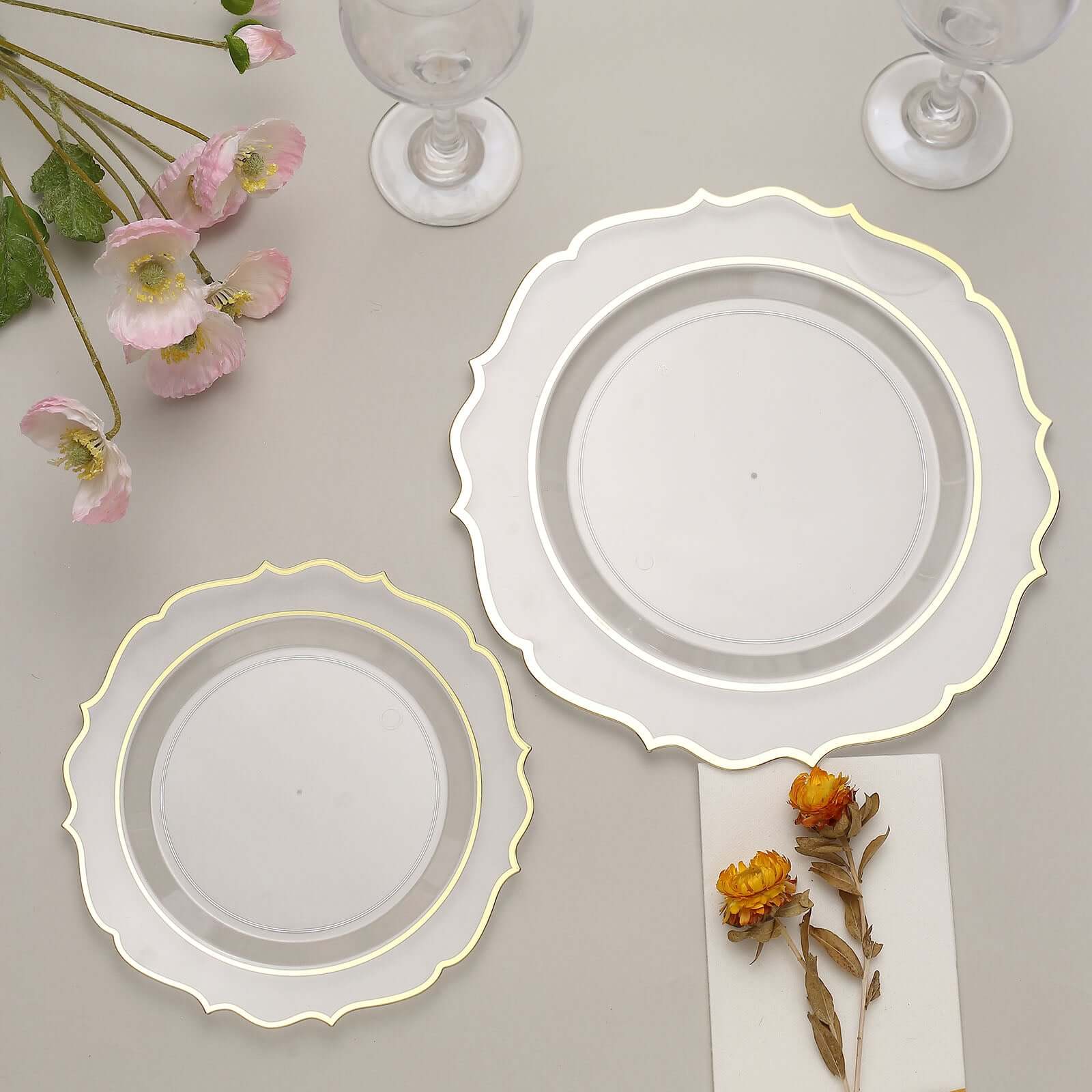 10-Piece Set of Clear Plastic Round Dinner Plates with Gold Scalloped Rims - Disposable for Parties