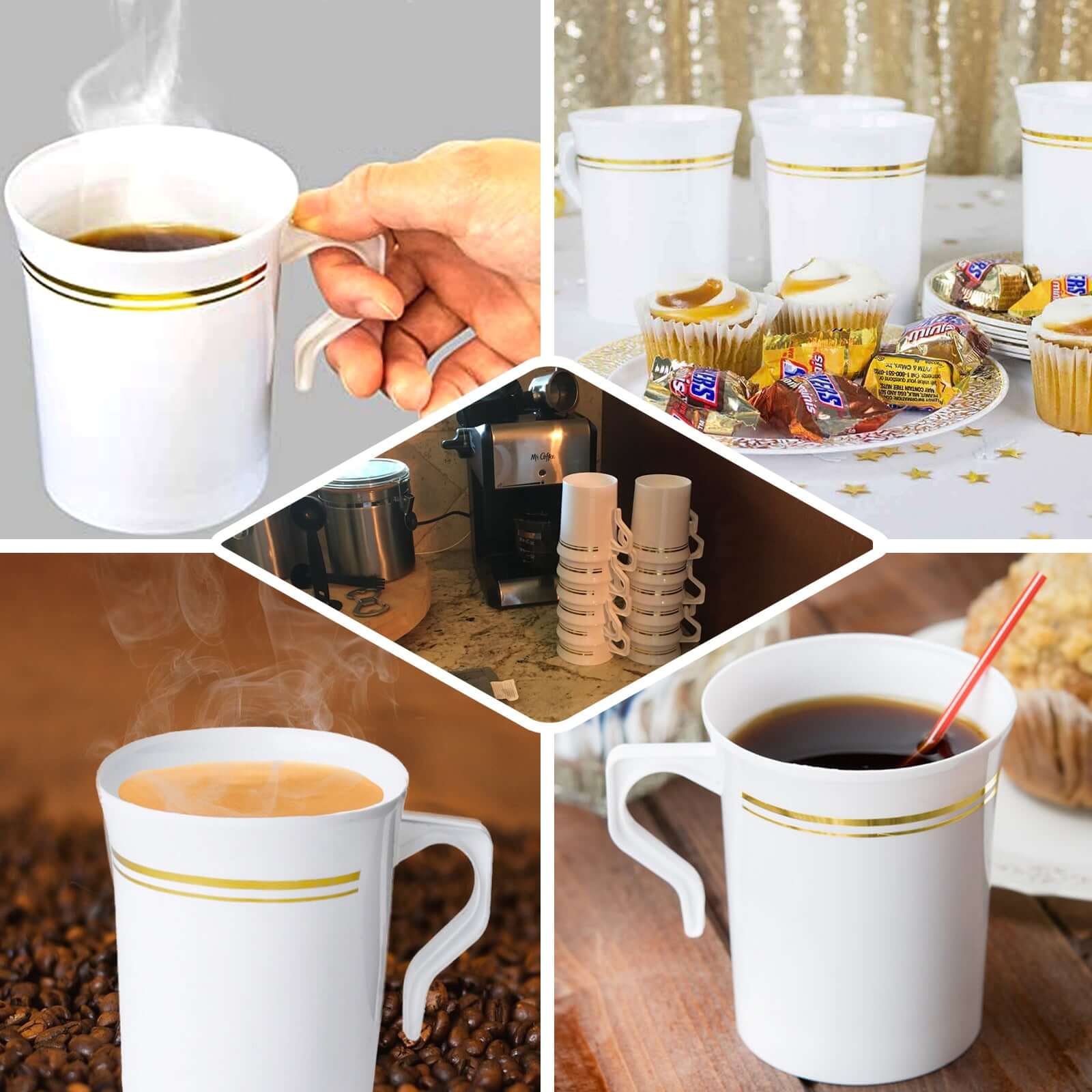 8-Piece Set of Disposable White Plastic Coffee Mugs with Gold Stripes - 8oz Sturdy Cups for Coffee & Tea