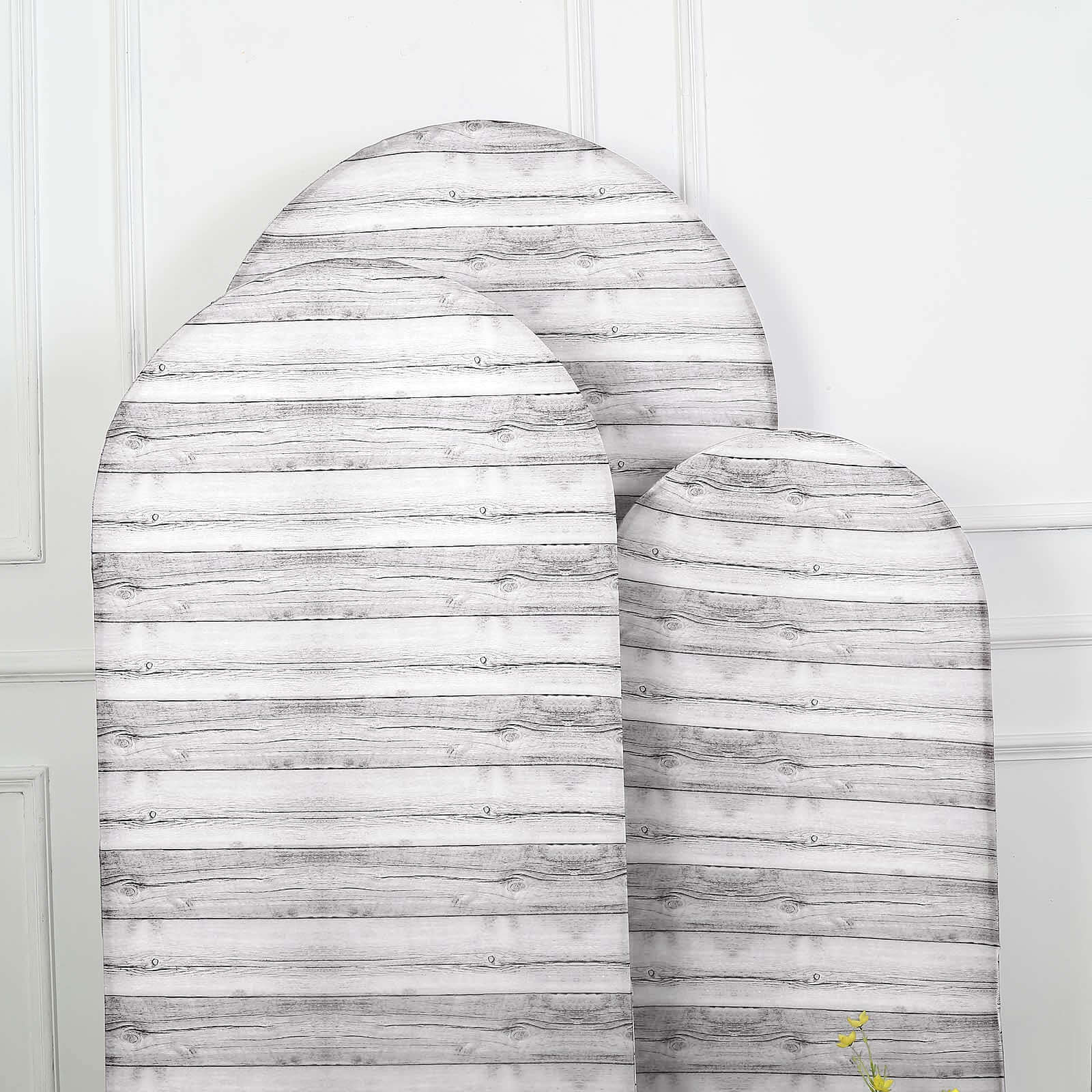 Special Offer! Set of 3 White Rustic Wood Pattern Spandex Covers for Round Top Chiara Wedding Arch Backdrops - 5ft, 6ft, 7ft