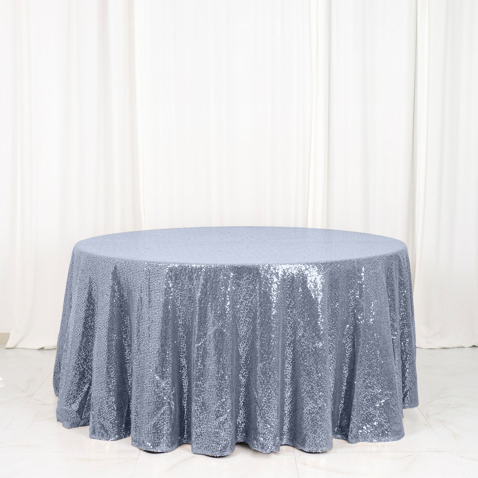 Hot Sale! 120-Inch Dusty Blue Seamless Sequin Round Tablecloth for 5-Foot Tables