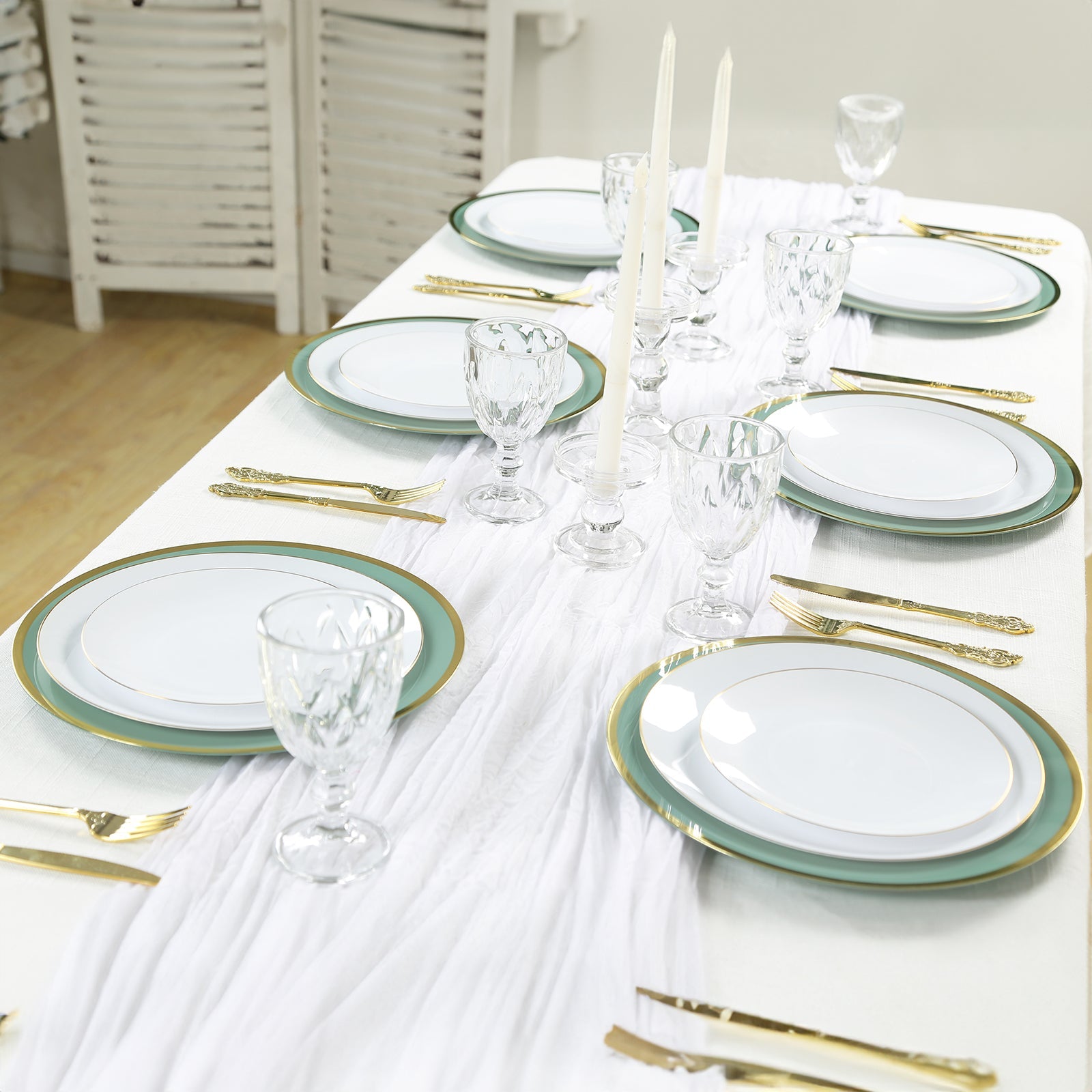 Economy 10-Pack 12-Inch Round Dusty Sage Green Plastic Charger Plates with Wide Gold Rim for Party Serving