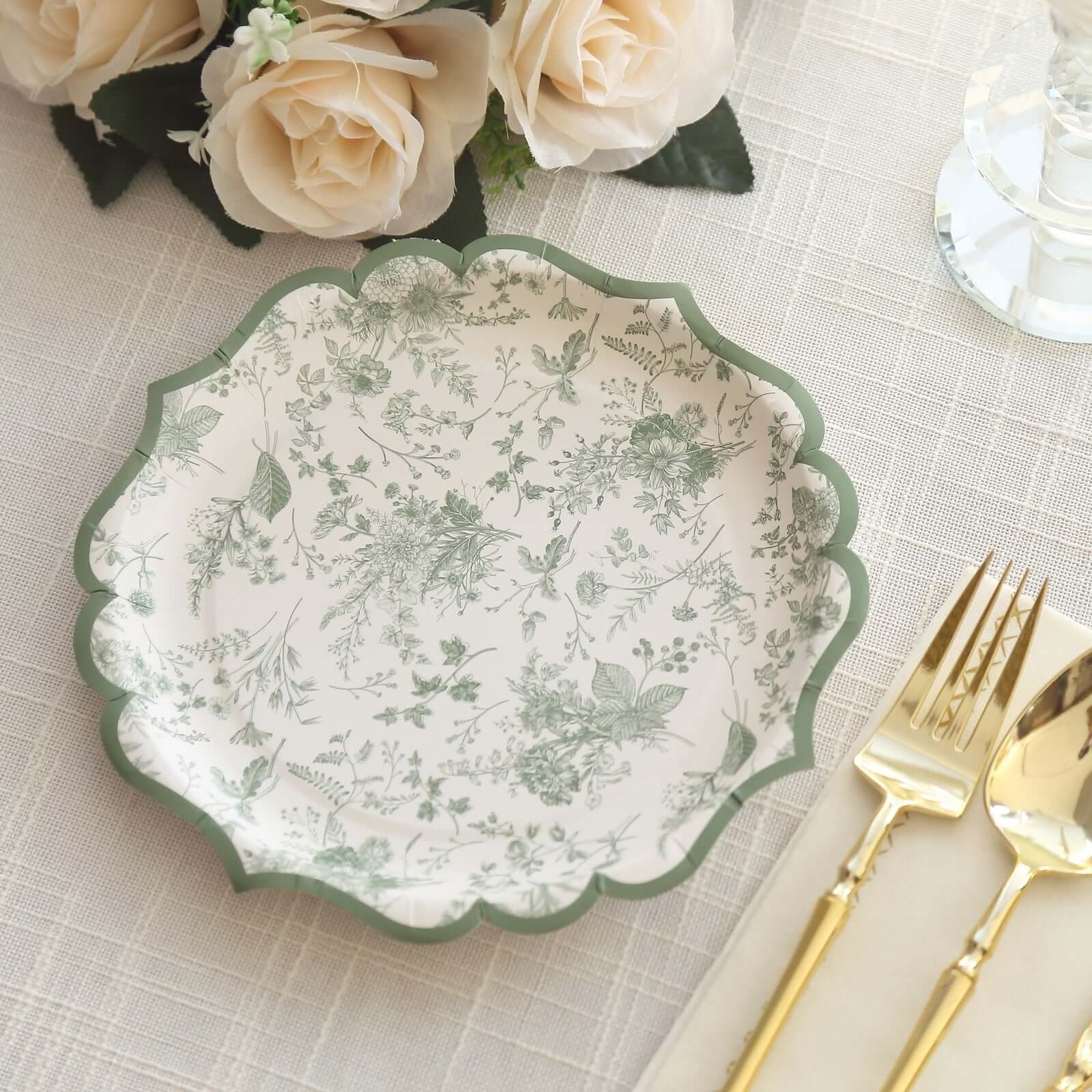 25-Piece Disposable White & Sage Green French Toile 8-Inch Round Dessert Plates for Stylish Tables
