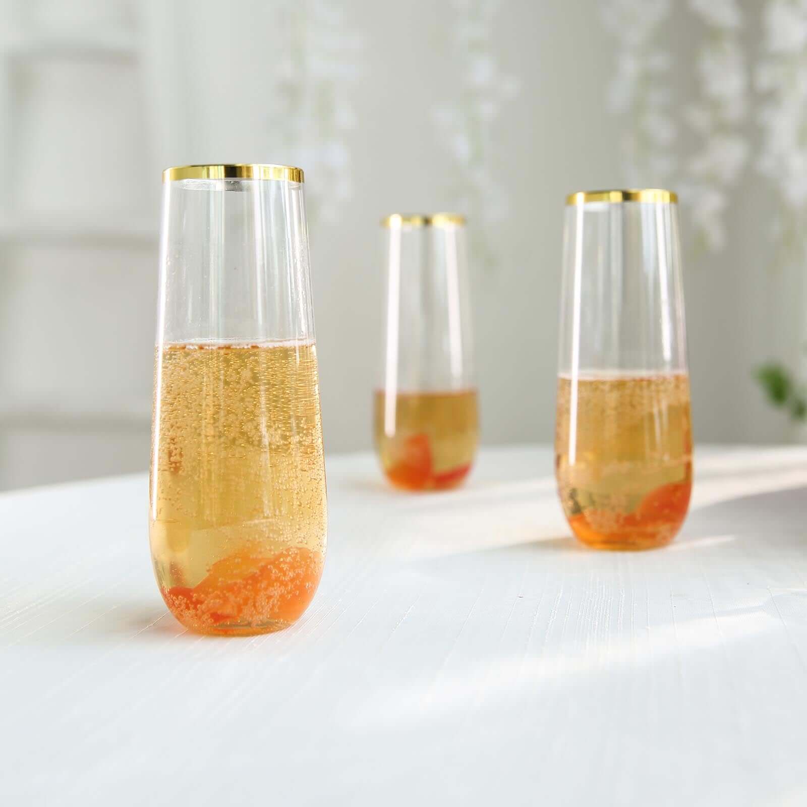 9oz Reusable 6-Pack Clear Plastic Stemless Champagne Flutes with Gold Rim