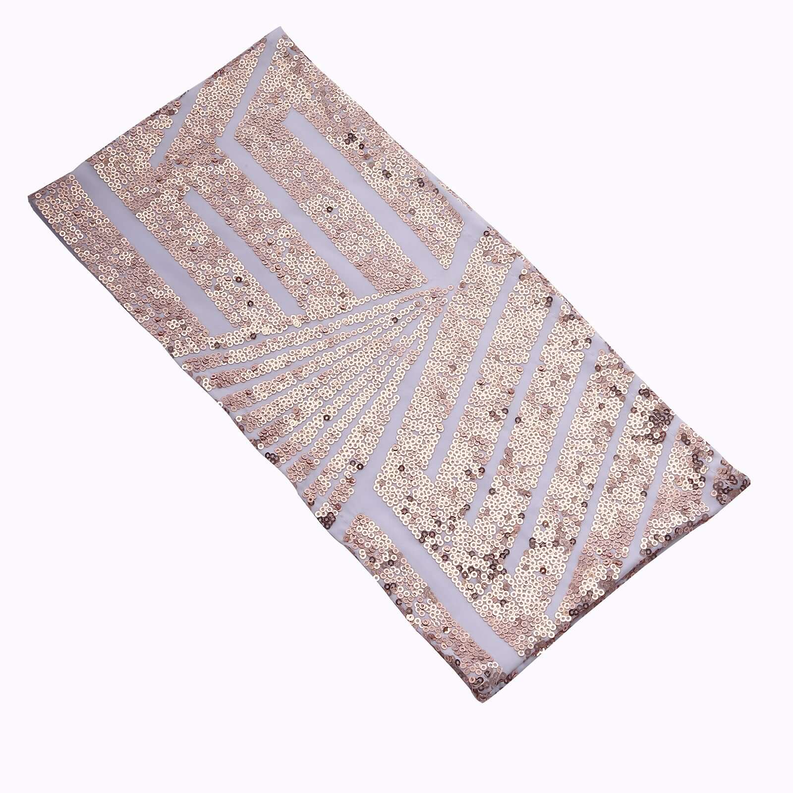 5-Piece Set of Stretchable Sequin Spandex Chair Sashes in White with Rose Gold Geometric Diamond Design