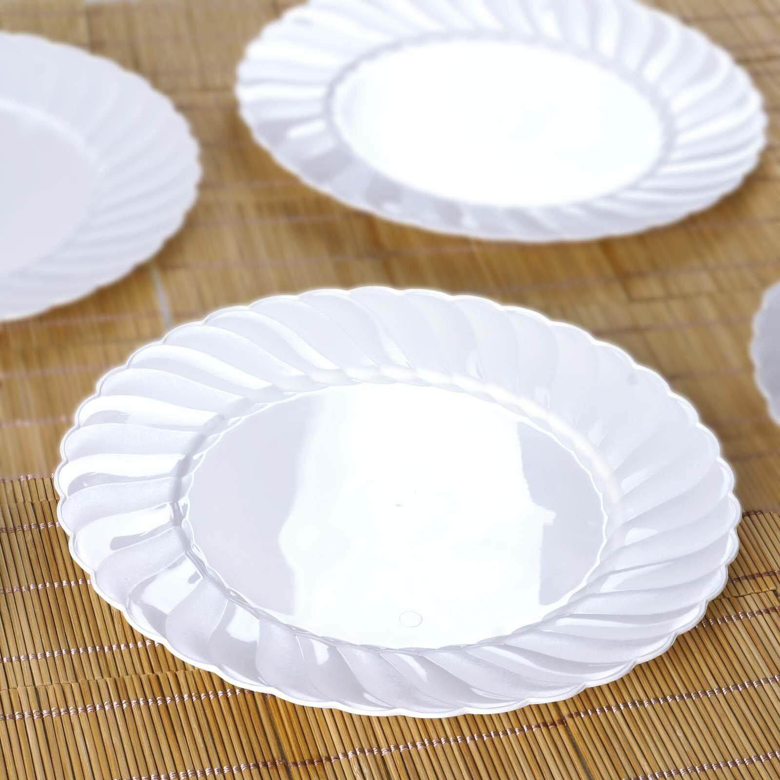 12-Piece Set of Durable Disposable Glossy White Swirl Rim Plastic Dinner Plates, 10 Inches