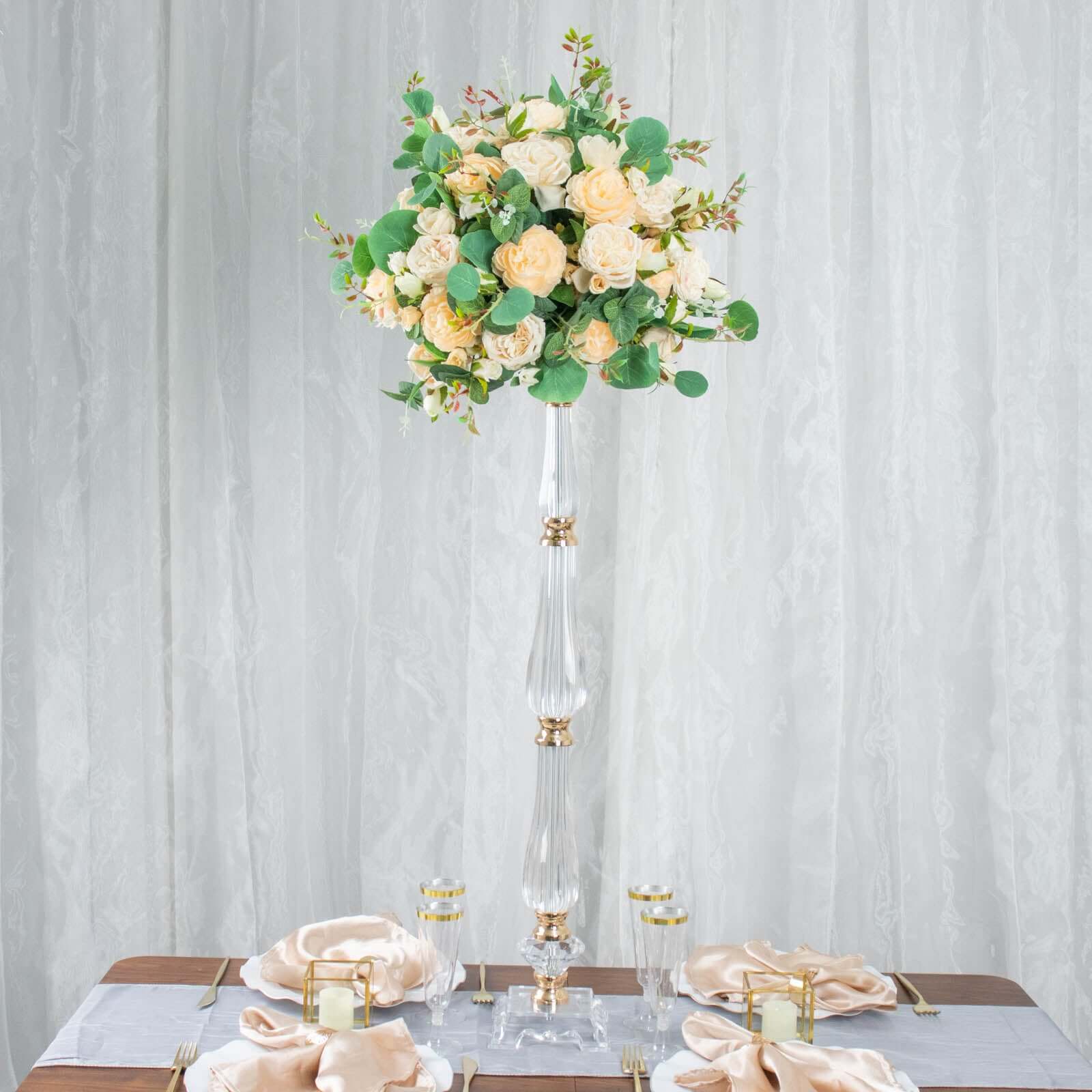 32-inch Gold and Clear Acrylic Crystal Pillar Candle Stand for Wedding Centerpieces